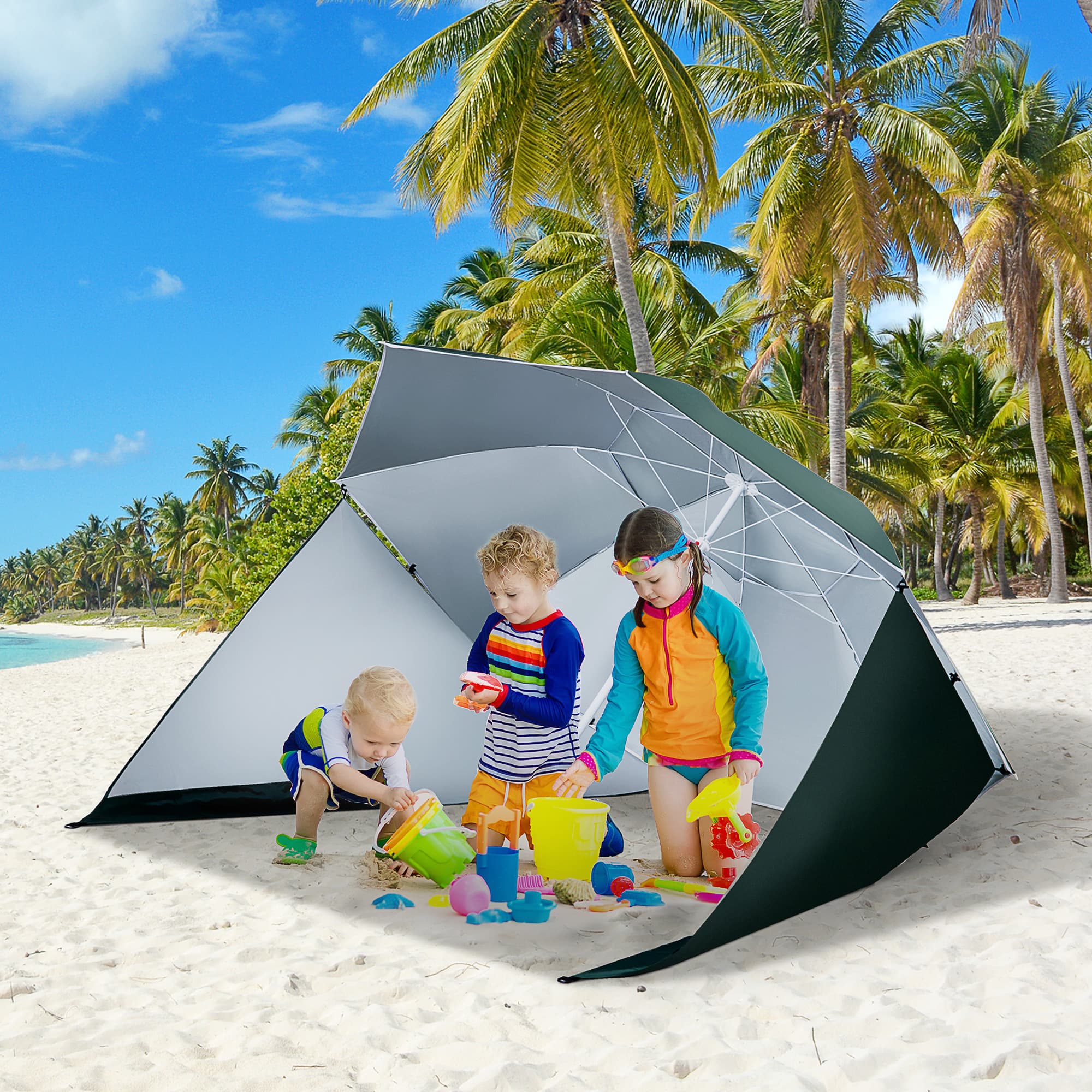 Outsunny 7.5FT 2-in-1 Umbrella Shelter with Carry Bag, Beach Sport Umbrella with Silver Coated UPF50+ UV Protection Dark Green | Aosom Canada