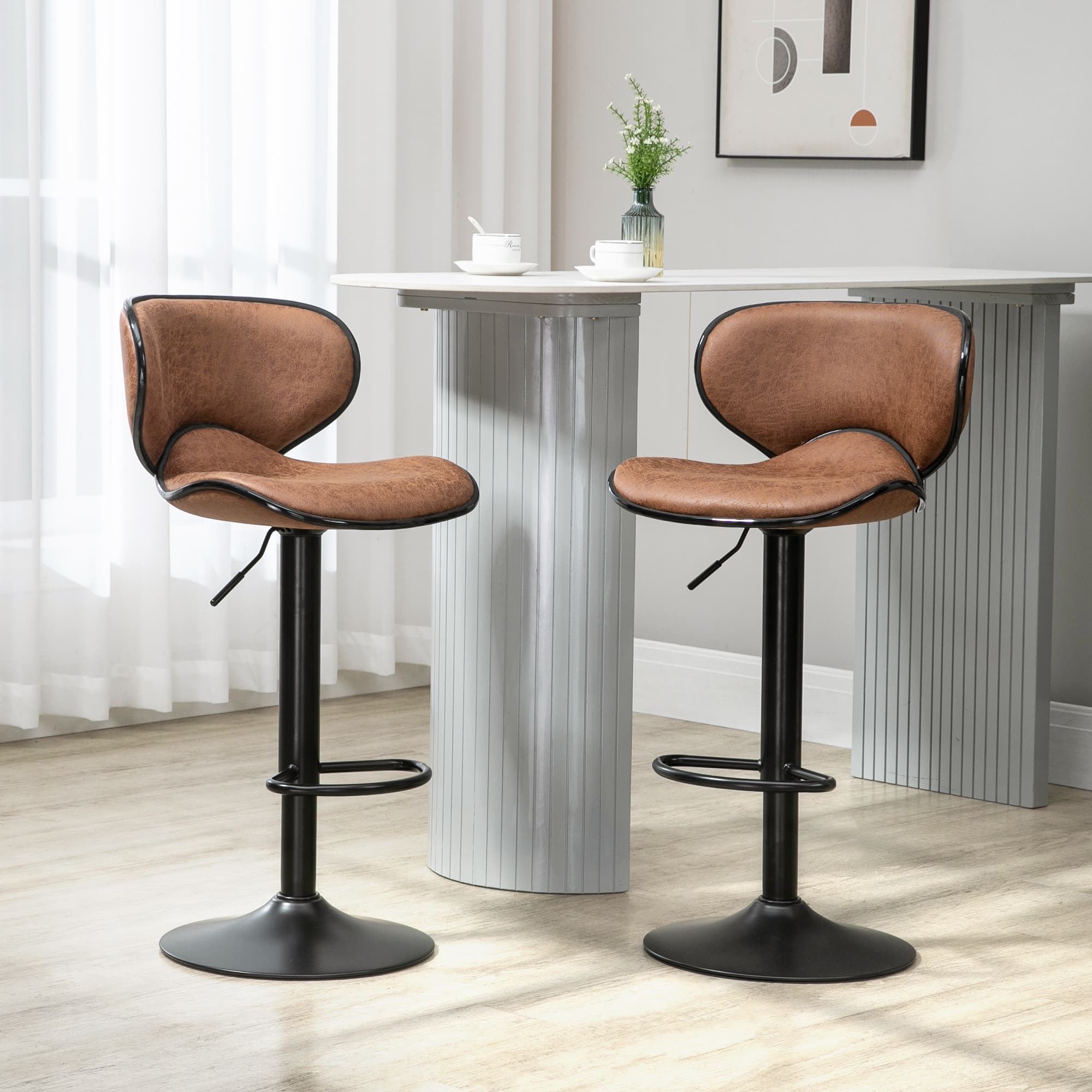 HOMCOM Set of 2 Vintage Bar Stools Microfiber Cloth Adjustable Height Swivel Seat Armless Chairs Brown | Aosom Canada