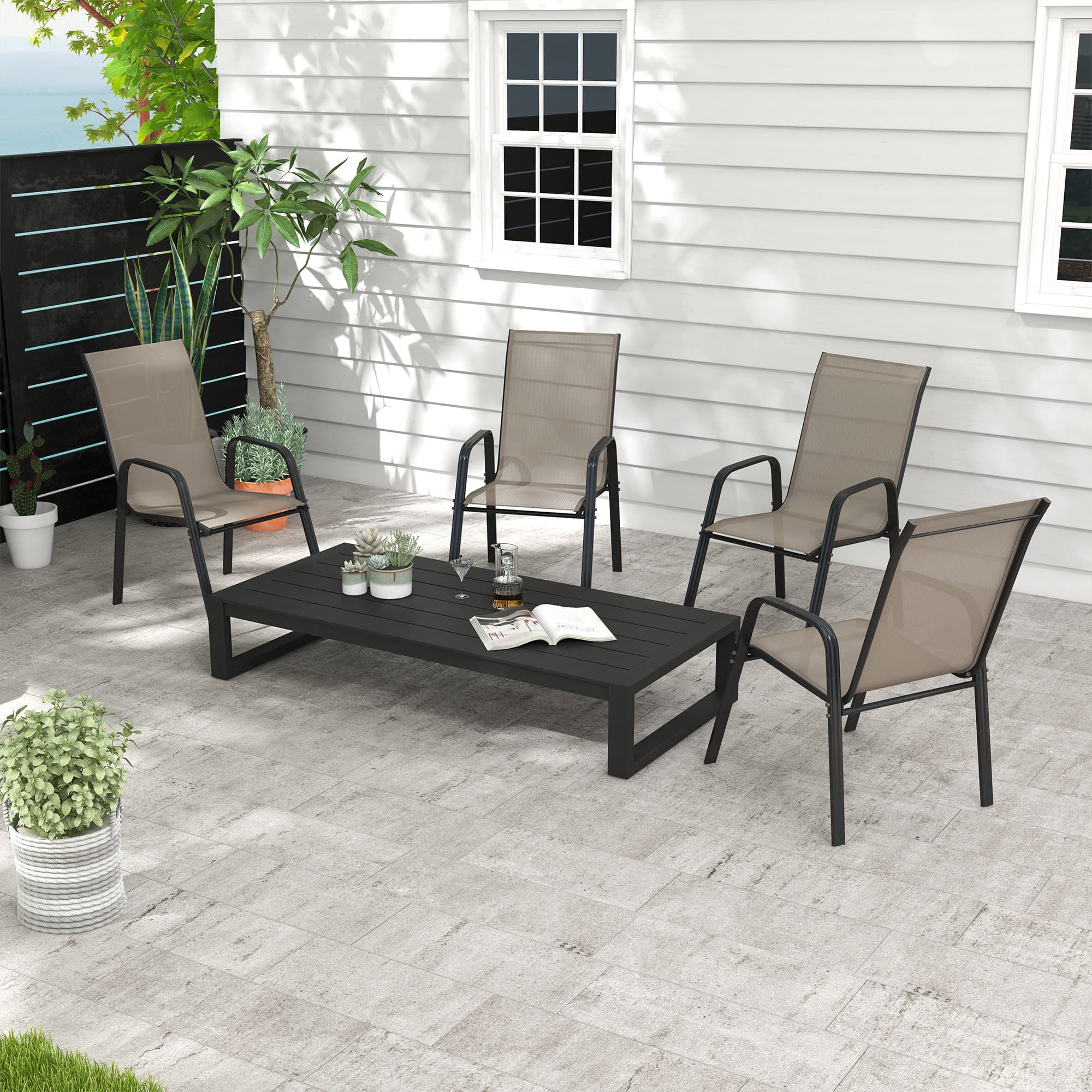 Outsunny Set of 4 Outdoor Dining Chairs, Heavy Duty Stackable Patio Dining Set with Armrests for Balcony Garden, Grey | Aosom Canada