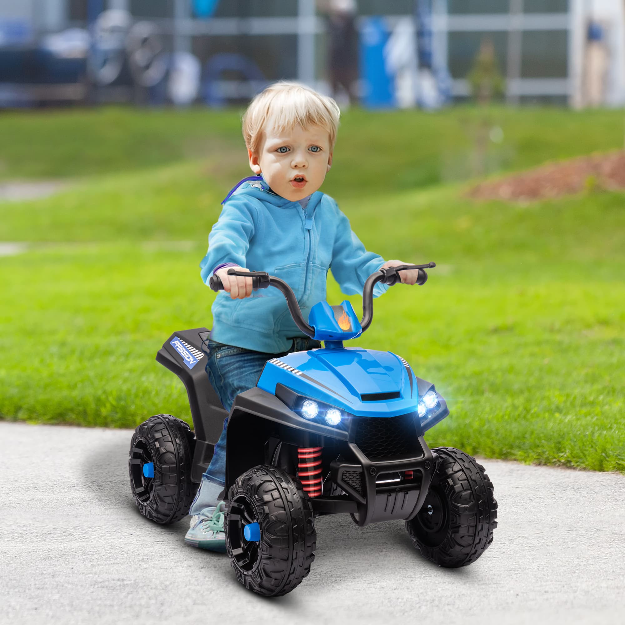 Qaba 12V Kids ATV with Four Wheels Spring Suspension, Forward & Backward, LED Light, MP3, Music, Blue | Aosom Canada