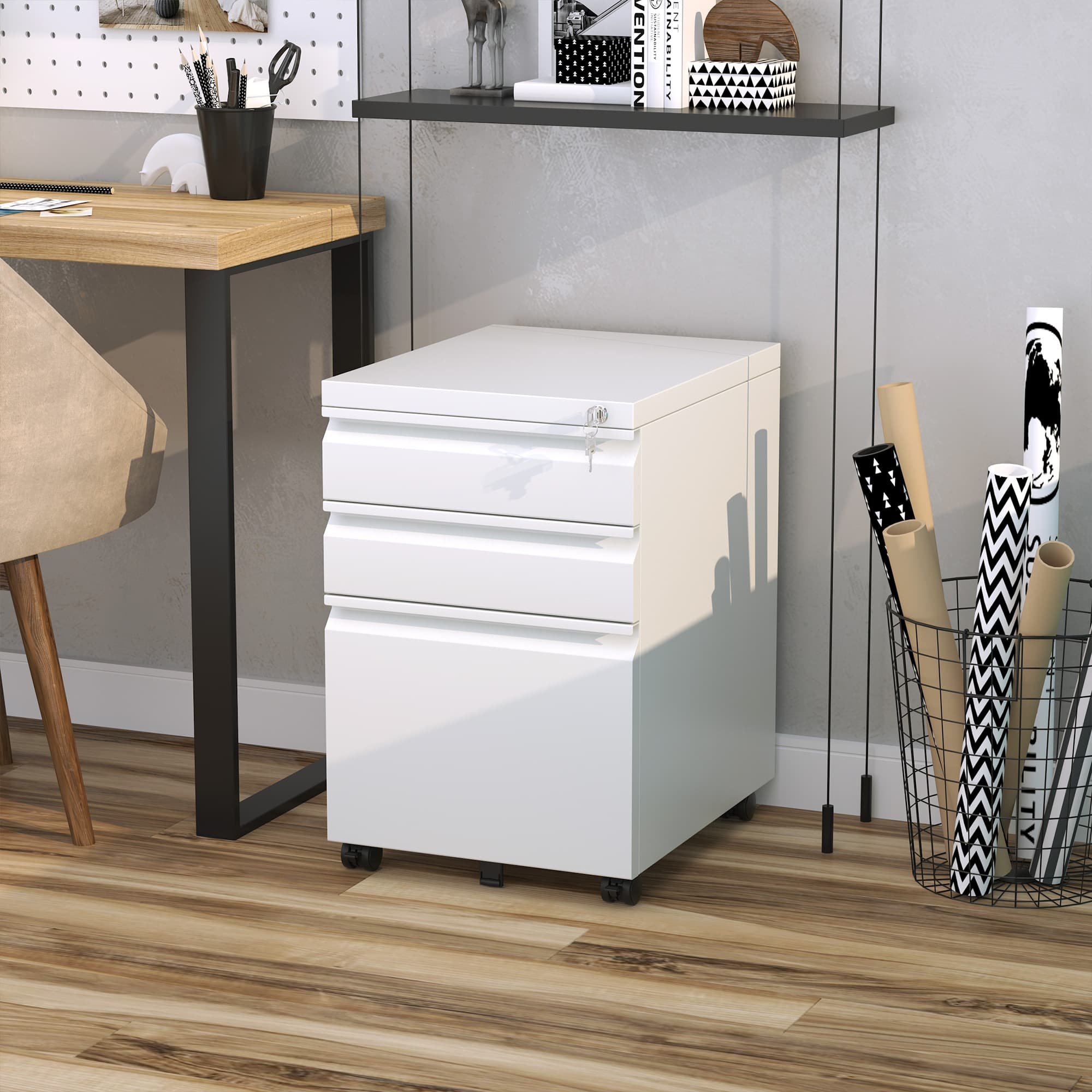 Vinsetto Secure File Tower: 3 Locking Drawers on Wheels for Legal/Letter Documents & Effortless Mobility, White | Aosom Canada