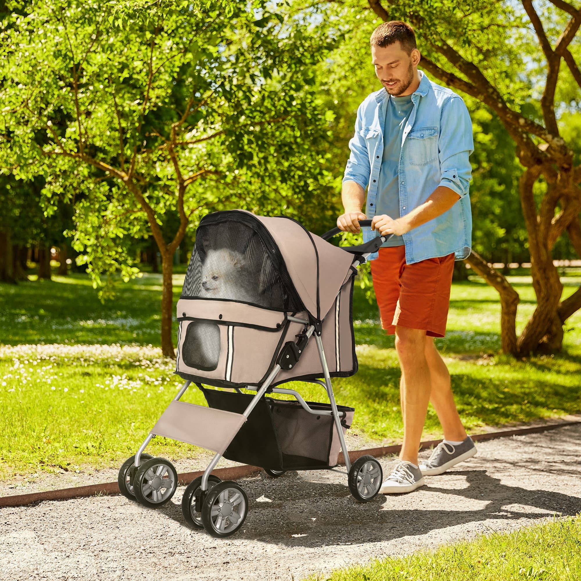 PawHut 4 Wheel Dog Pet Stroller Dog Cat Carrier Folding Sunshade Canopy with Brake, Brown | Aosom Canada