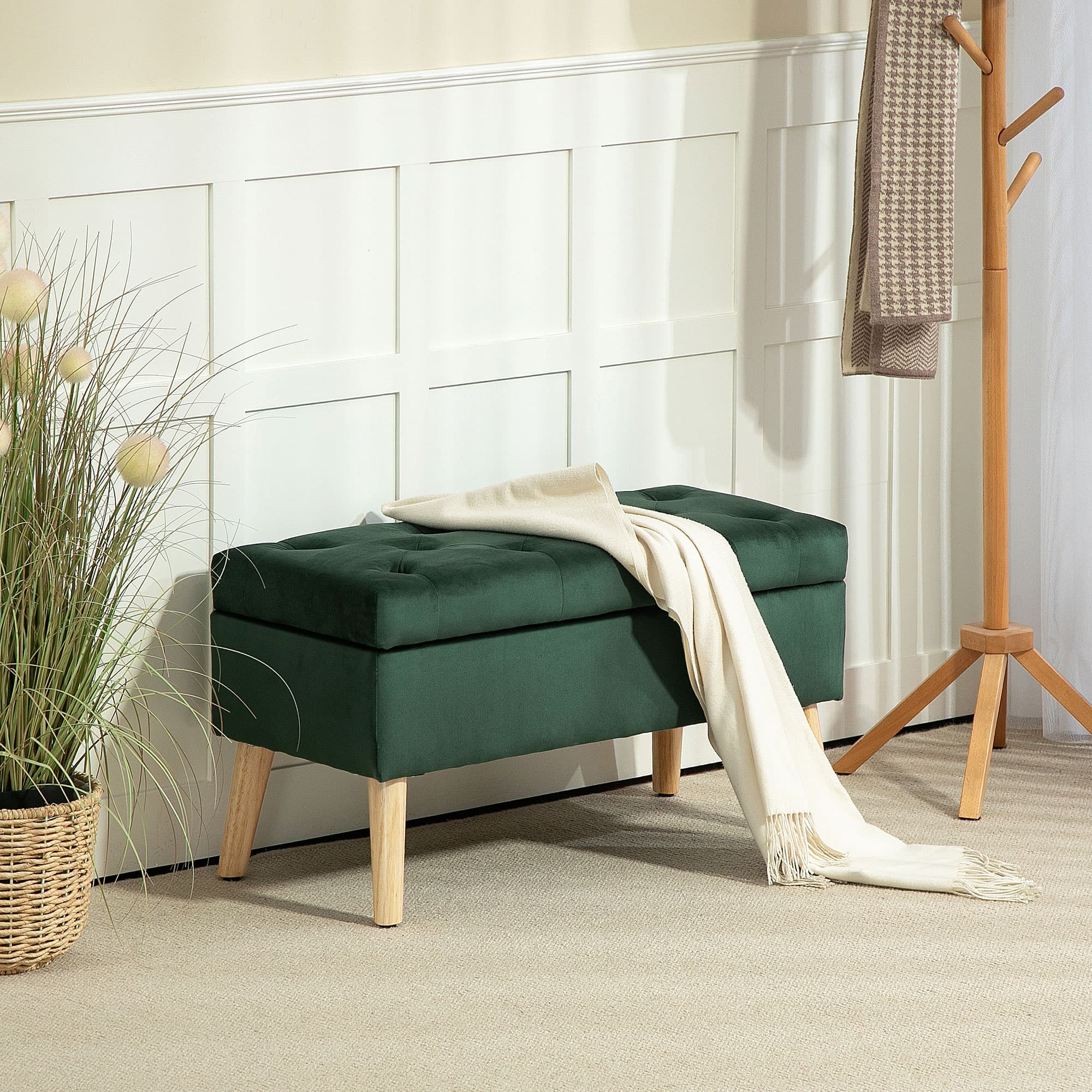 HOMCOM Storage Ottoman with Lid, Velvet Upholstered Storage Bench with Wood Legs for Living Room, Dark Green | Aosom Canada