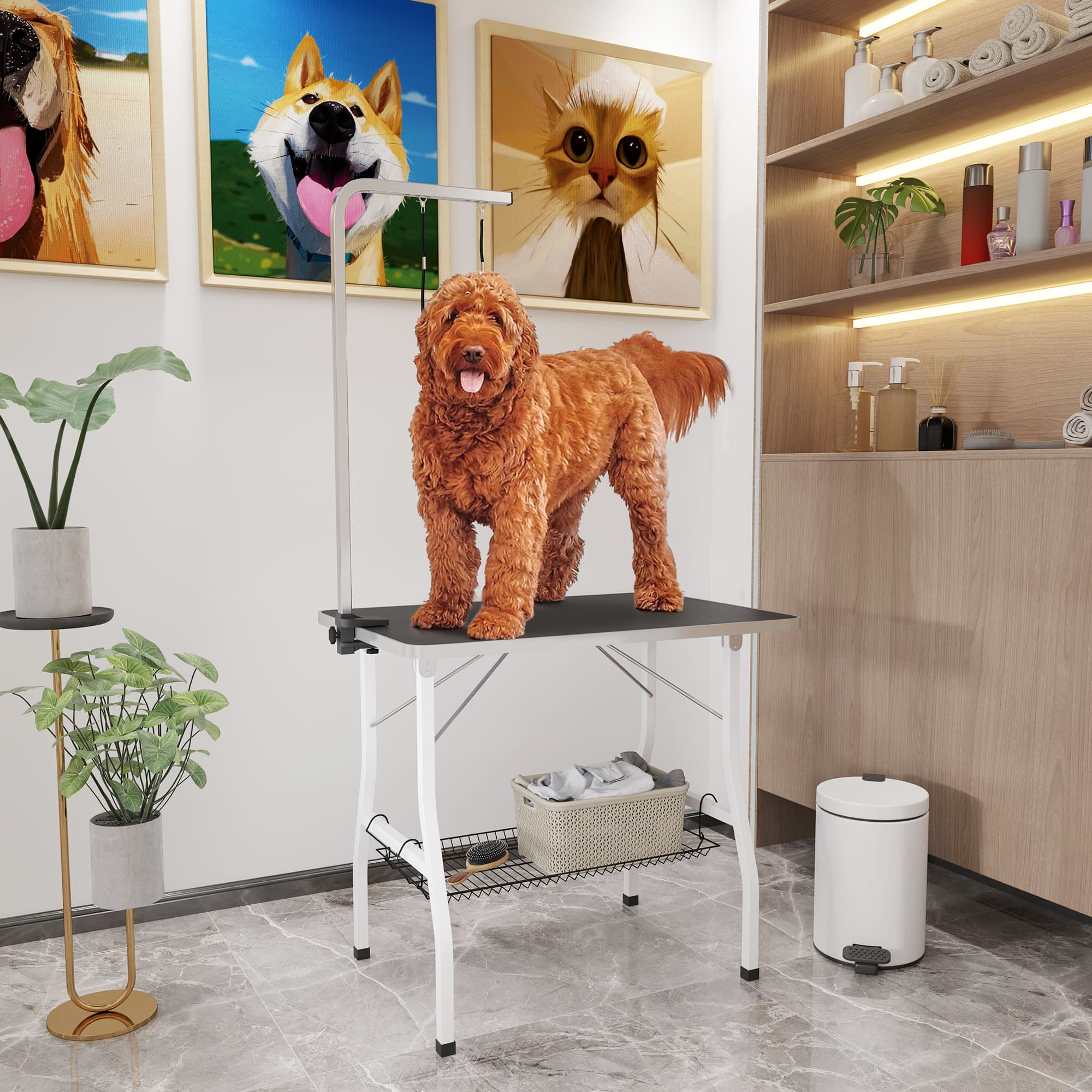 PawHut Dog Grooming Table w/ Adjustable Arm, Mesh Tray, Two Nooses, Rubber Surface, 35" x 24" x 30", Black | Aosom Canada
