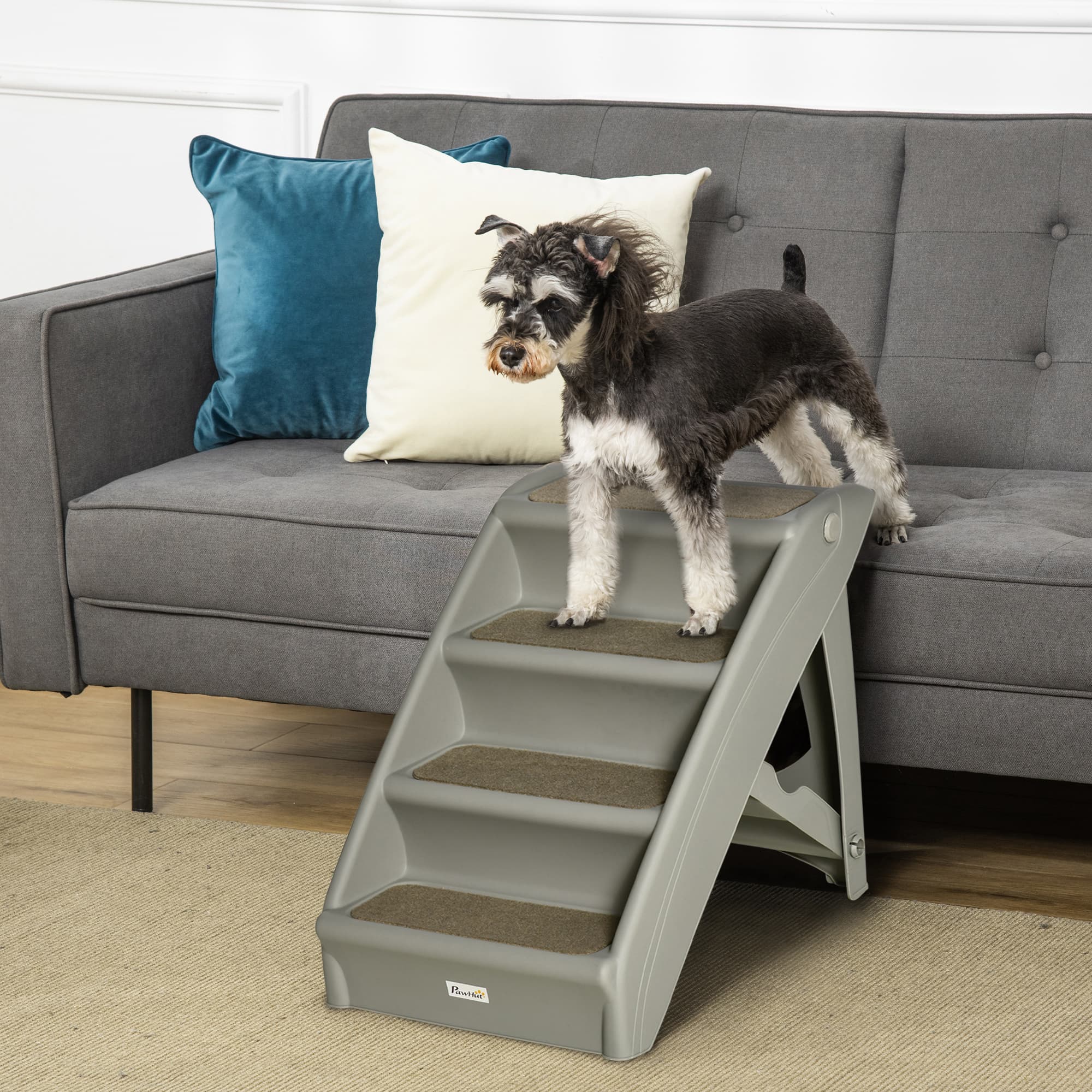 PawHut Portable Pet Ramp: 4-Level Foldable Grey Lightweight Dog & Cat Stairs with Non-Slip Mats for Beds/Sofas | Aosom Canada