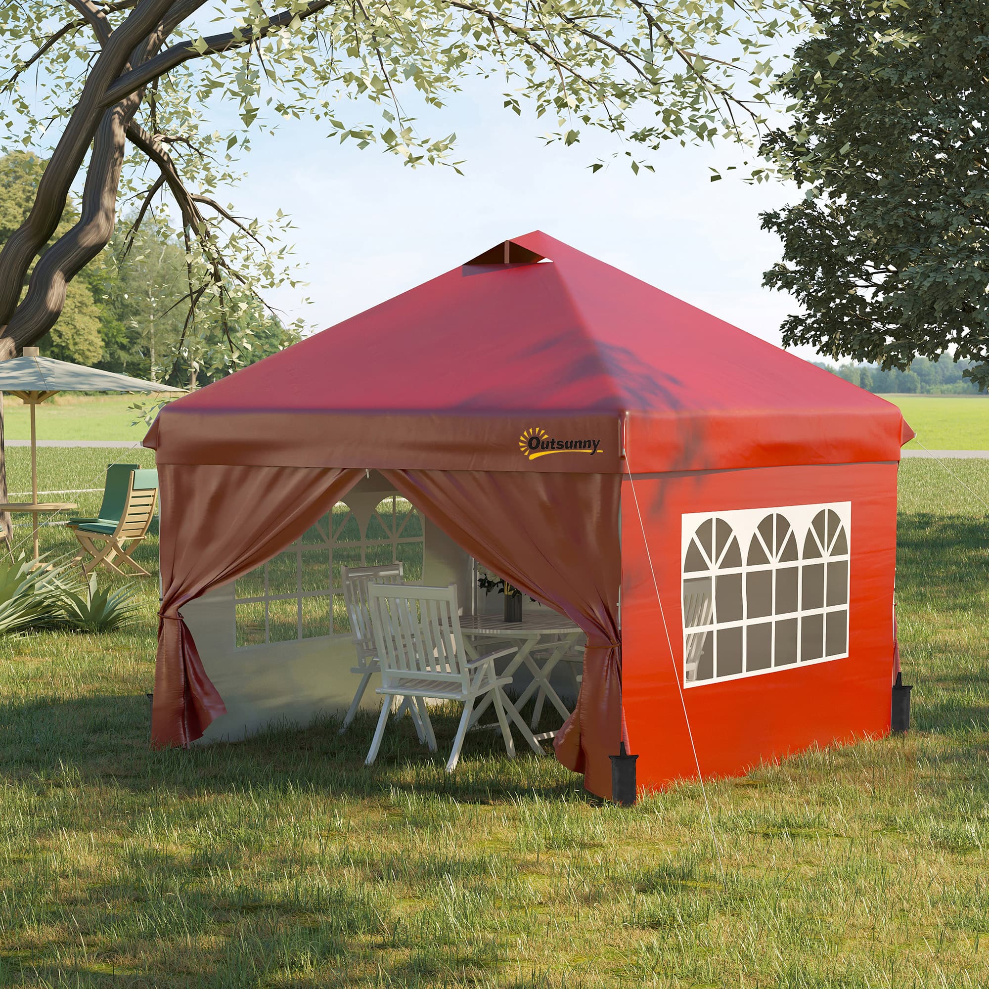 Outsunny 10' x 10' Pop Up Canopy Tent, Instant Shelter Tent with Sidewalls, Windows, Roller Bag and Sand Bags for Garden, Patio, Red | Aosom Canada