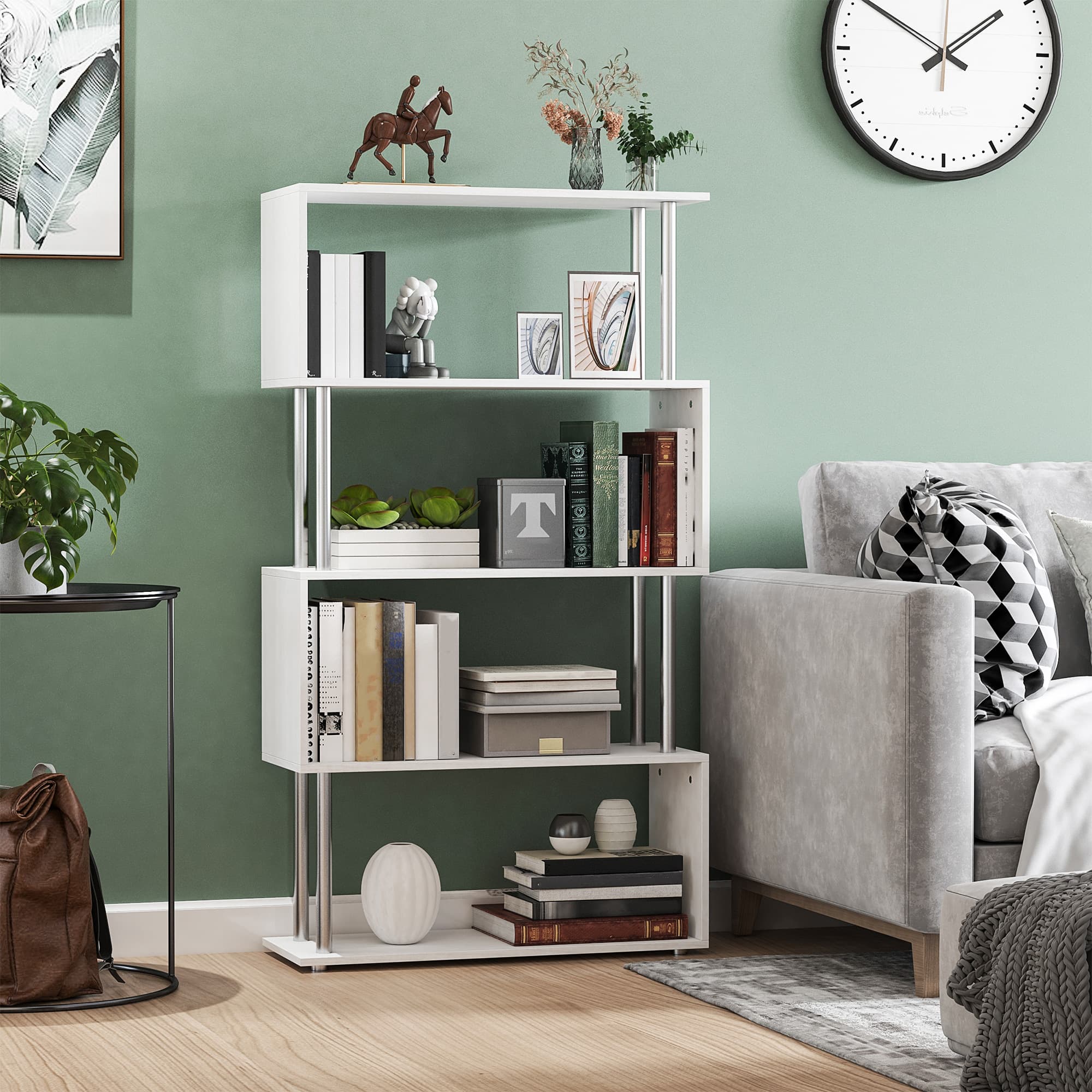 HOMCOM Z-Shape Bookcase Marvel: 5-Tier White Wooden Storage Display Shelf for Living Room, Bedroom, Office with Metal Frame | Aosom Canada