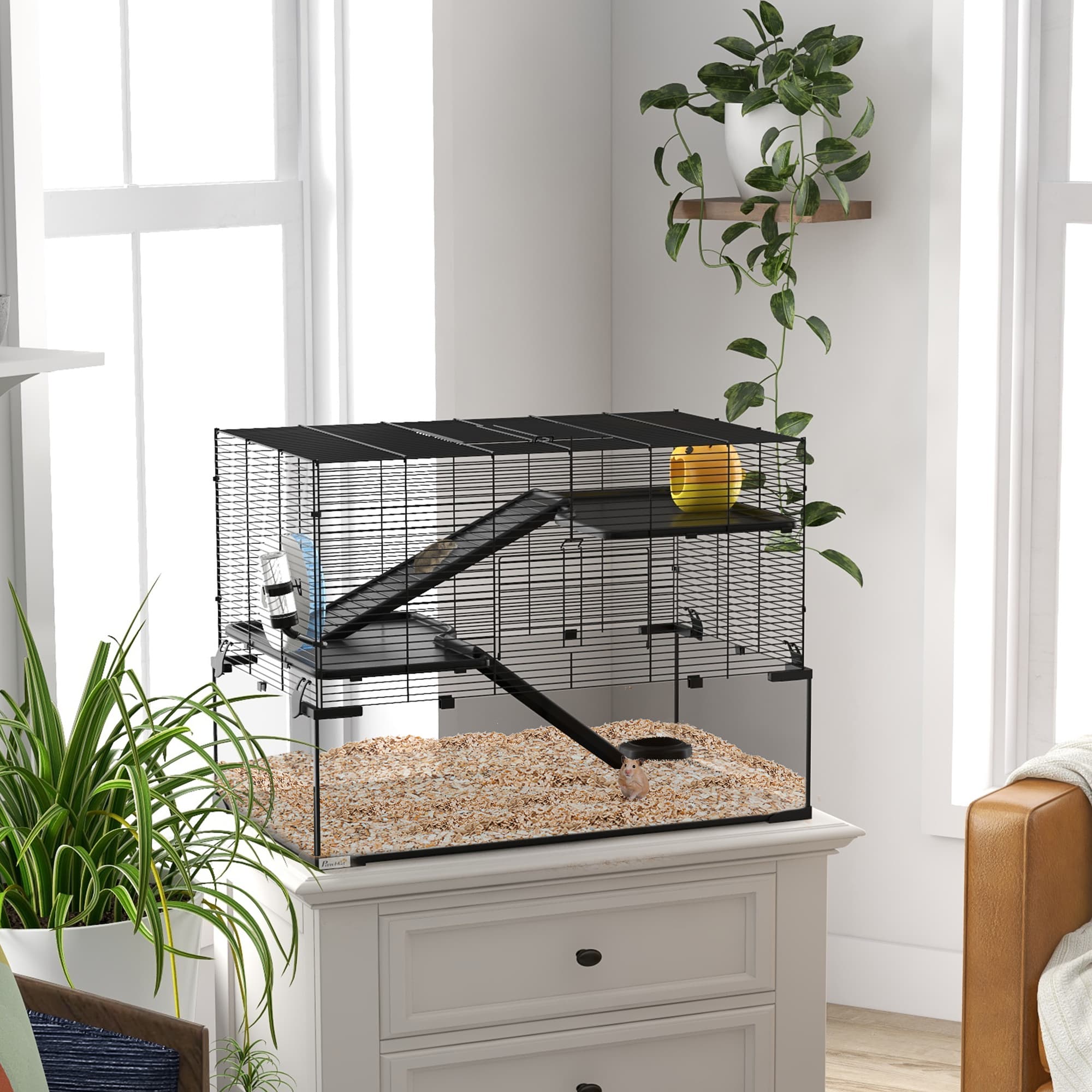 PawHut Spacious Gerbil Habitat: Hamster Cage, Large Glass Basin for Small Pets, Black | Aosom Canada