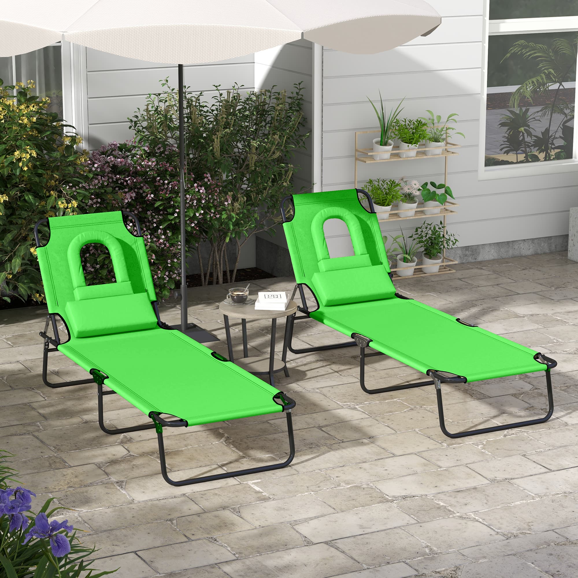 Outsunny 2PCS Adjustable Outdoor Lounge Chair, Garden Folding Chaise Lounge w/ Reading Hole Reclining Tanning Chair Seat Green | Aosom Canada