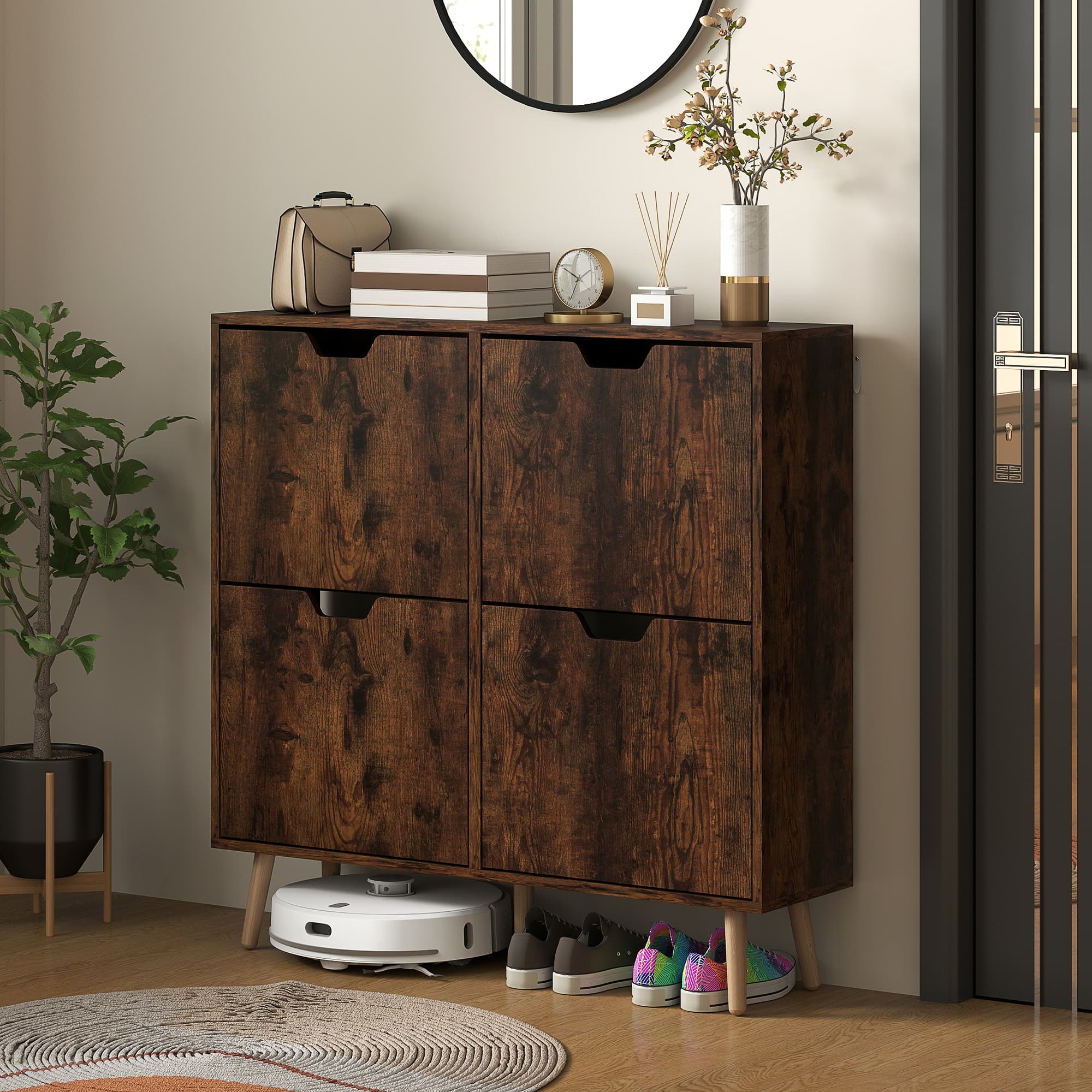 HOMCOM Shoe Storage Cabinet with 4 Flip Drawers and Adjustable Shelf, Shoe Cabinet for 16 Pairs of Shoes, Rustic Brown | Aosom Canada