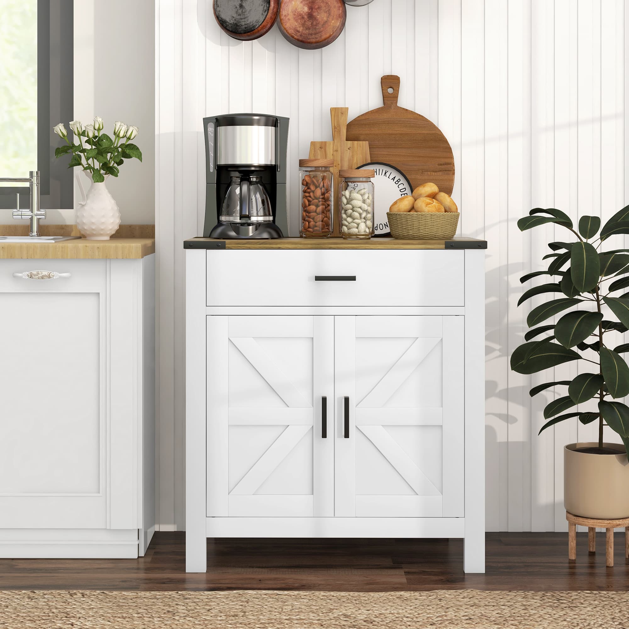 HOMCOM Farmhouse Buffet Cabinet Sideboard with 1 Drawer, 1 Storage Cabinet and Adjustable Shelf, White | Aosom Canada