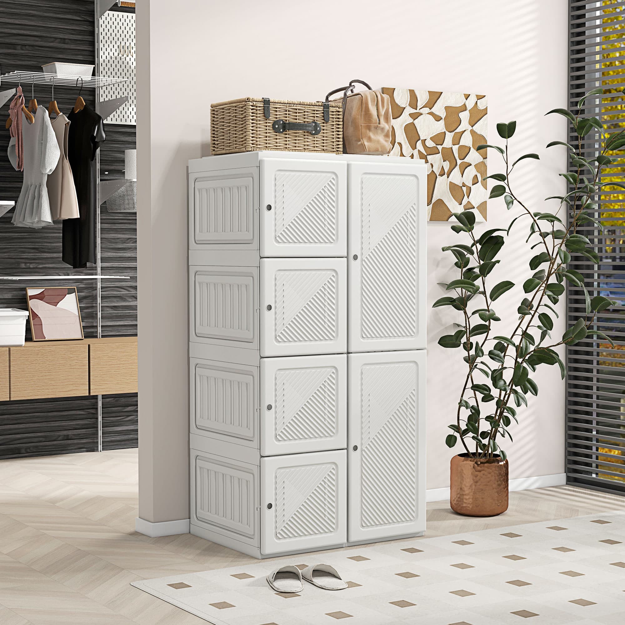 HOMCOM Portable Wardrobe, Foldable Clothes Storage Organzier with 4 Compartments, Hanging Rod, Magnet Doors, White | Aosom Canada