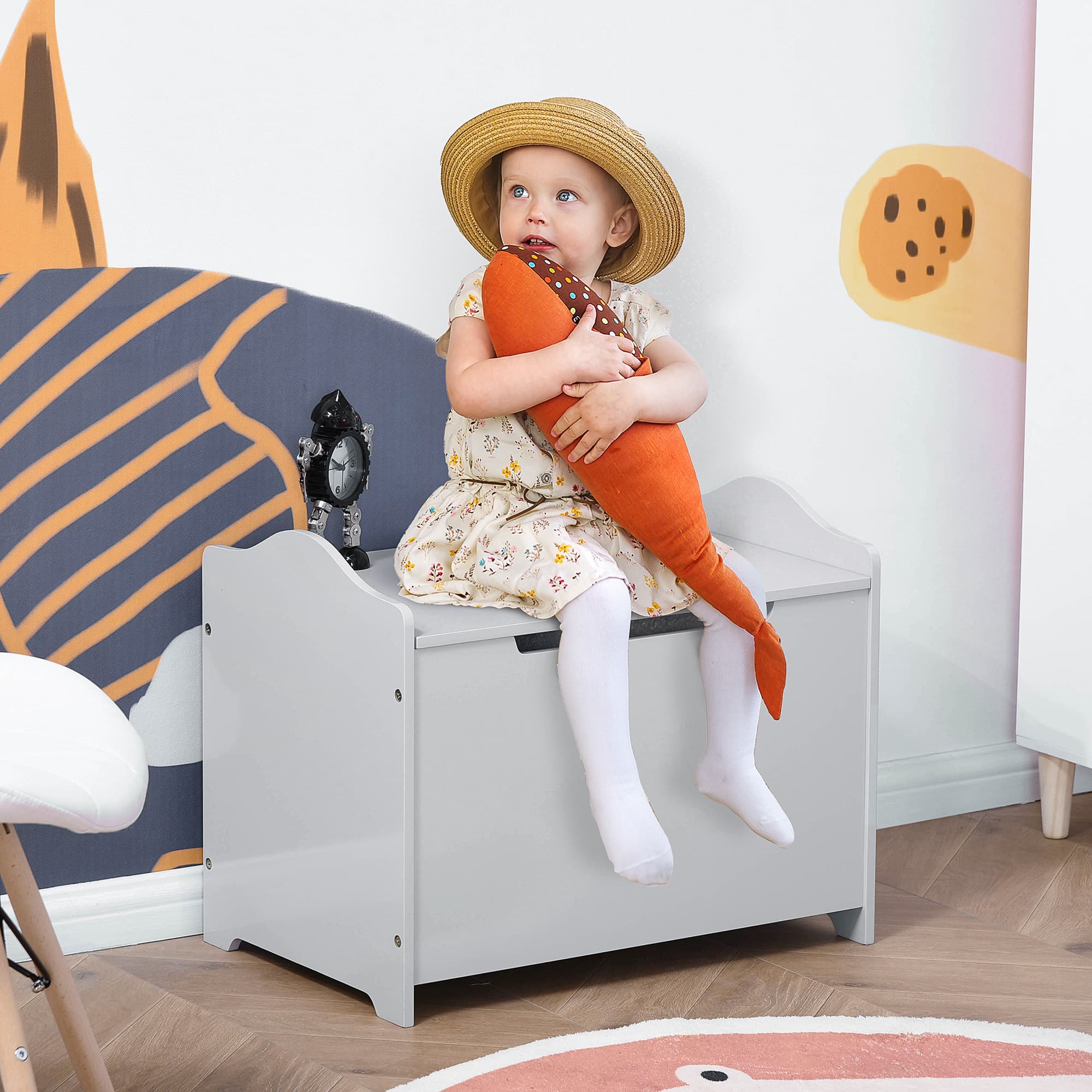 Qaba Large Wooden Toy Storage Box Organizer with Magnetic Hinge for Kids Playroom Chest with Groove Handle Grey | Aosom Canada