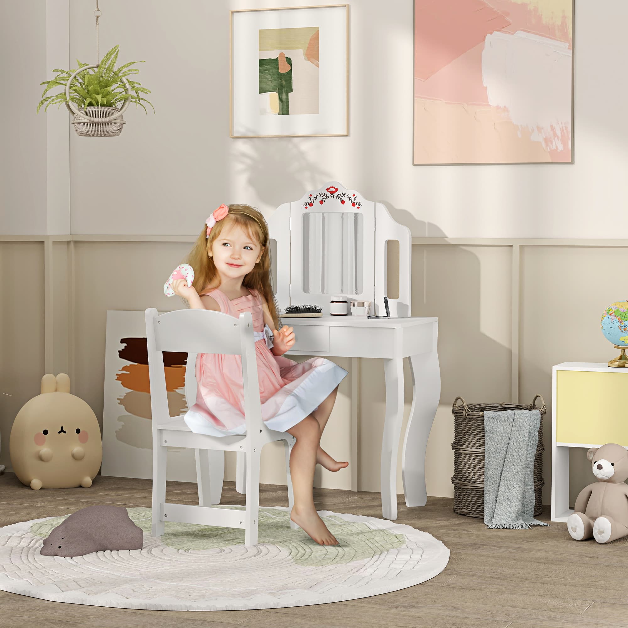 Qaba Kids Vanity Set, Dual-Use Dressing Table with Removable Tri-Folding Mirror and Drawer, for Ages 3-8, White | Aosom Canada