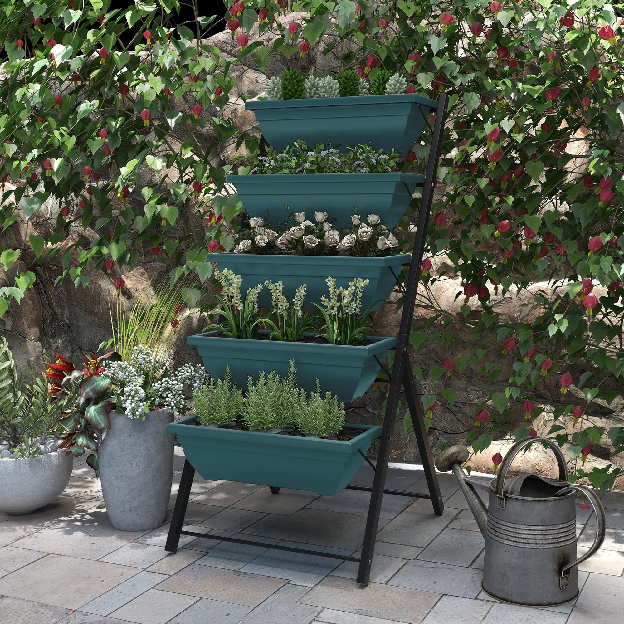 Outsunny 5-Tier Raised Garden Bed with 5 Planter Box, Outdoor Plant Stand Grow Containers with Leaking Holes, Green | Aosom Canada