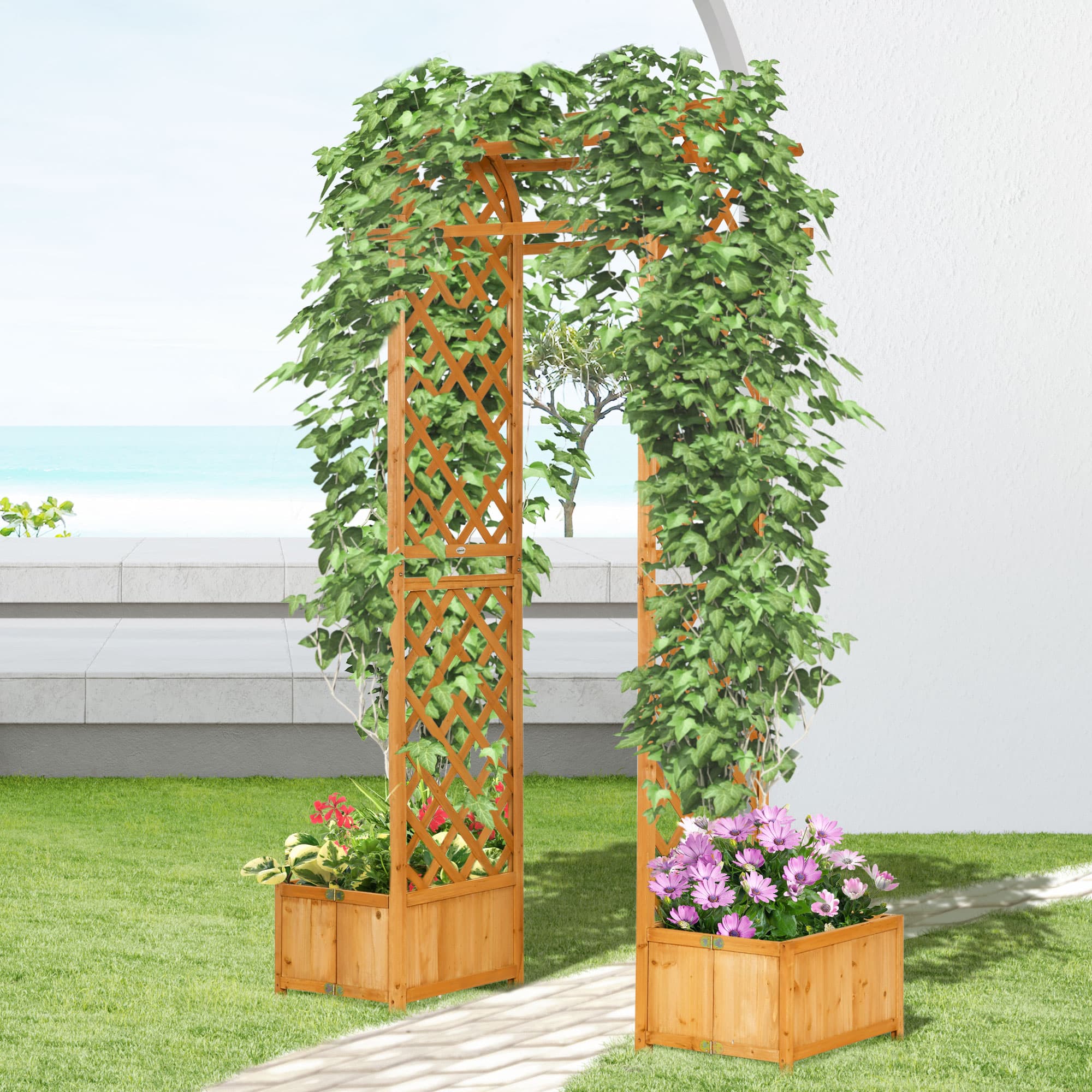 Outsunny 7.7FT Garden Arch with 2 Foldable Planter Boxes, Outdoor Wooden Trellis Arbor for Ceremony Party Weddings, Brown | Aosom Canada