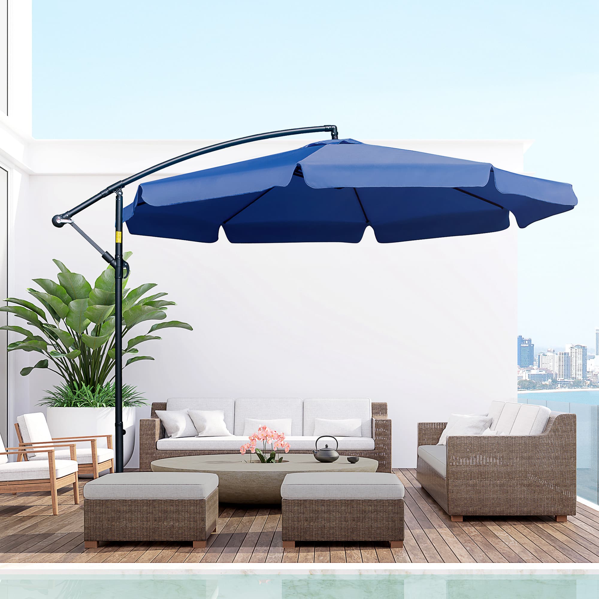 Outsunny 11FT Offset Hanging Patio Umbrella Cantilever Umbrella with Easy Tilt Adjustment, Cross Base and 8 Ribs, Blue | Aosom Canada