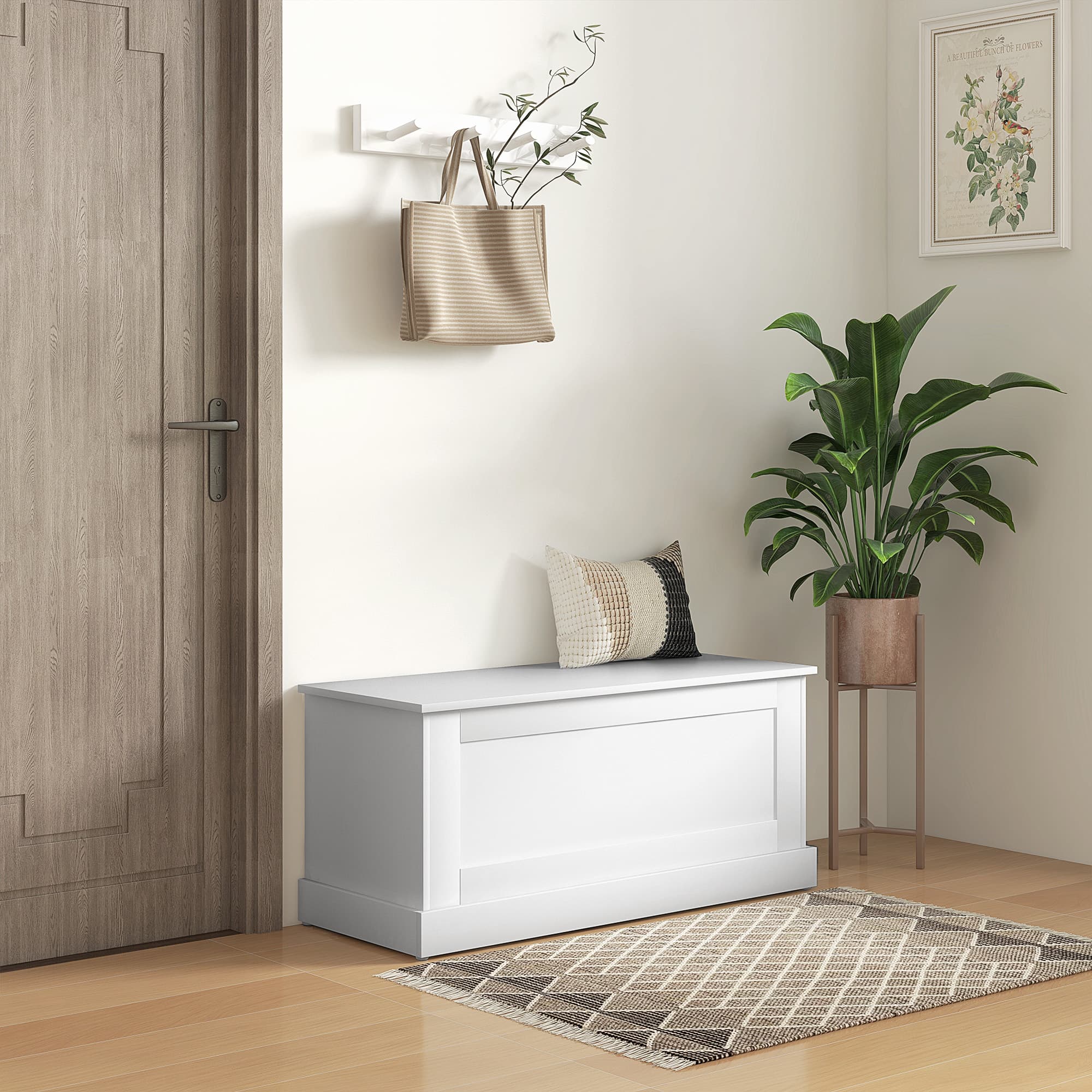 HOMCOM 39.4 Inches Storage Chest, Storage Trunk with Safety Hinge, Wooden Toy Box for Living Room, White Wood Grain | Aosom Canada