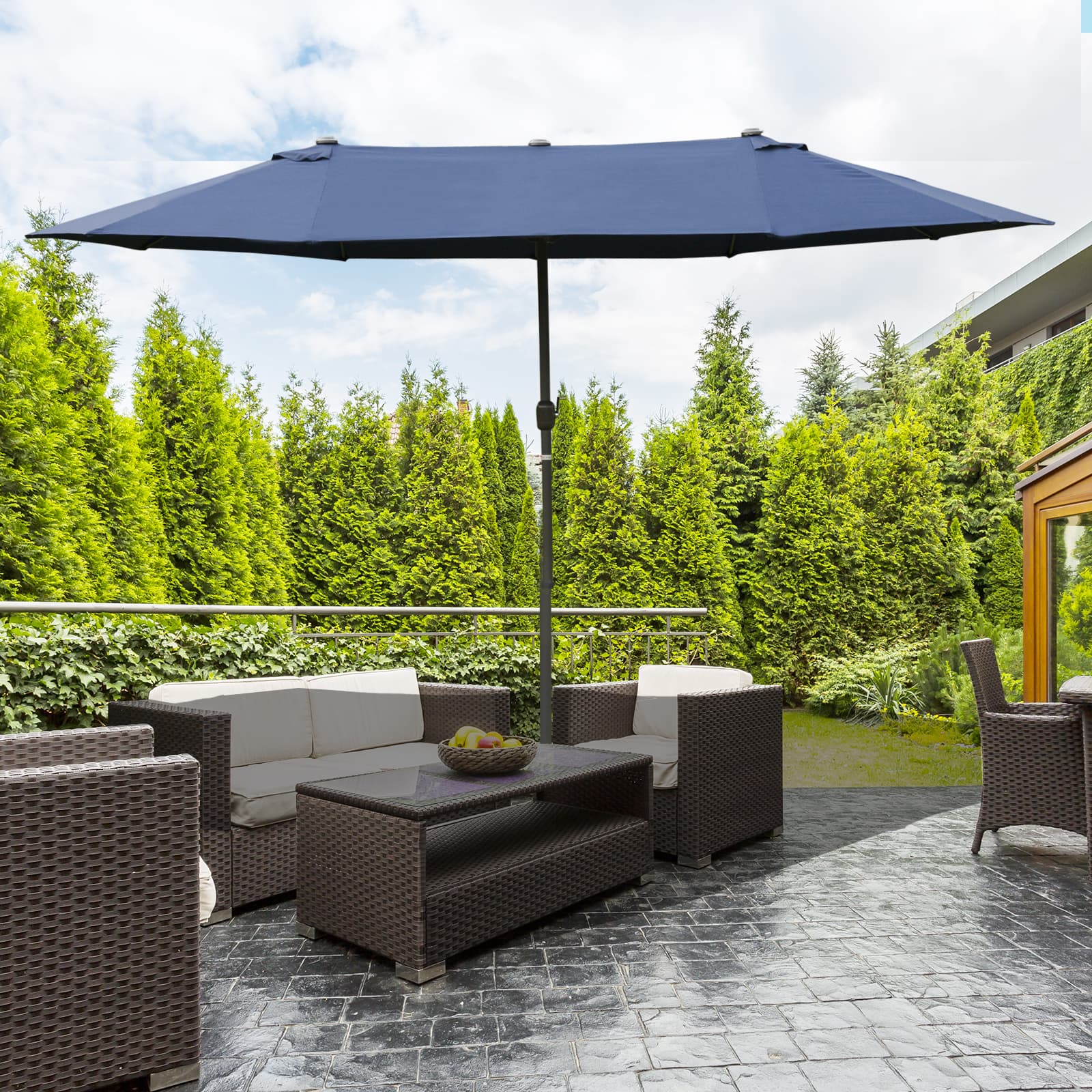 Outsunny Dual Haven Sunshade: 15' Double Canopy Patio Umbrella with Lift Crank, Cross Base Dark Blue | Aosom Canada