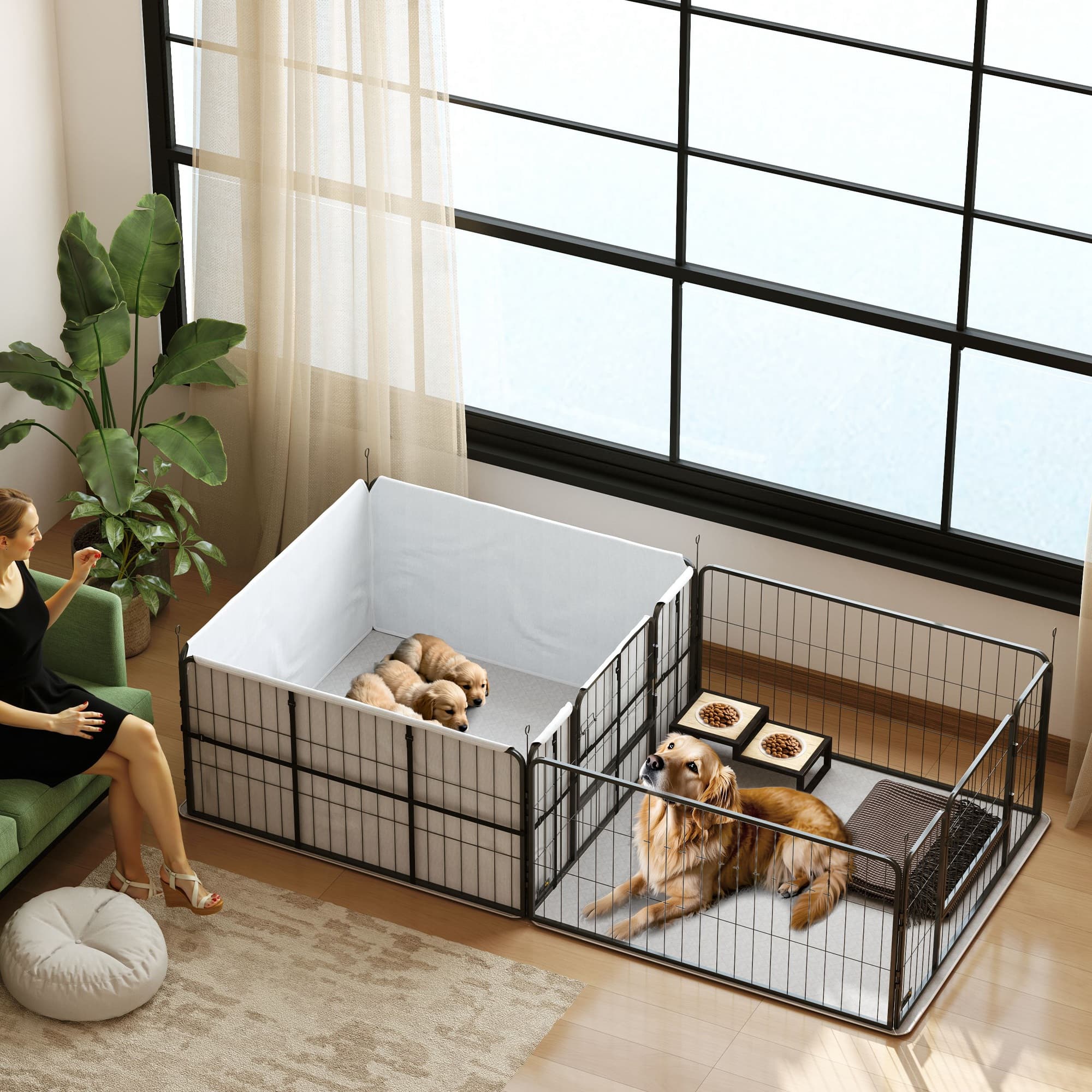 PawHut 7 Panel Dog Whelping Box Convertible DIY Pet Playpen with Washable Pee Pads, 600D Oxford Fabric, 96" x 48" x 24" | Aosom Canada