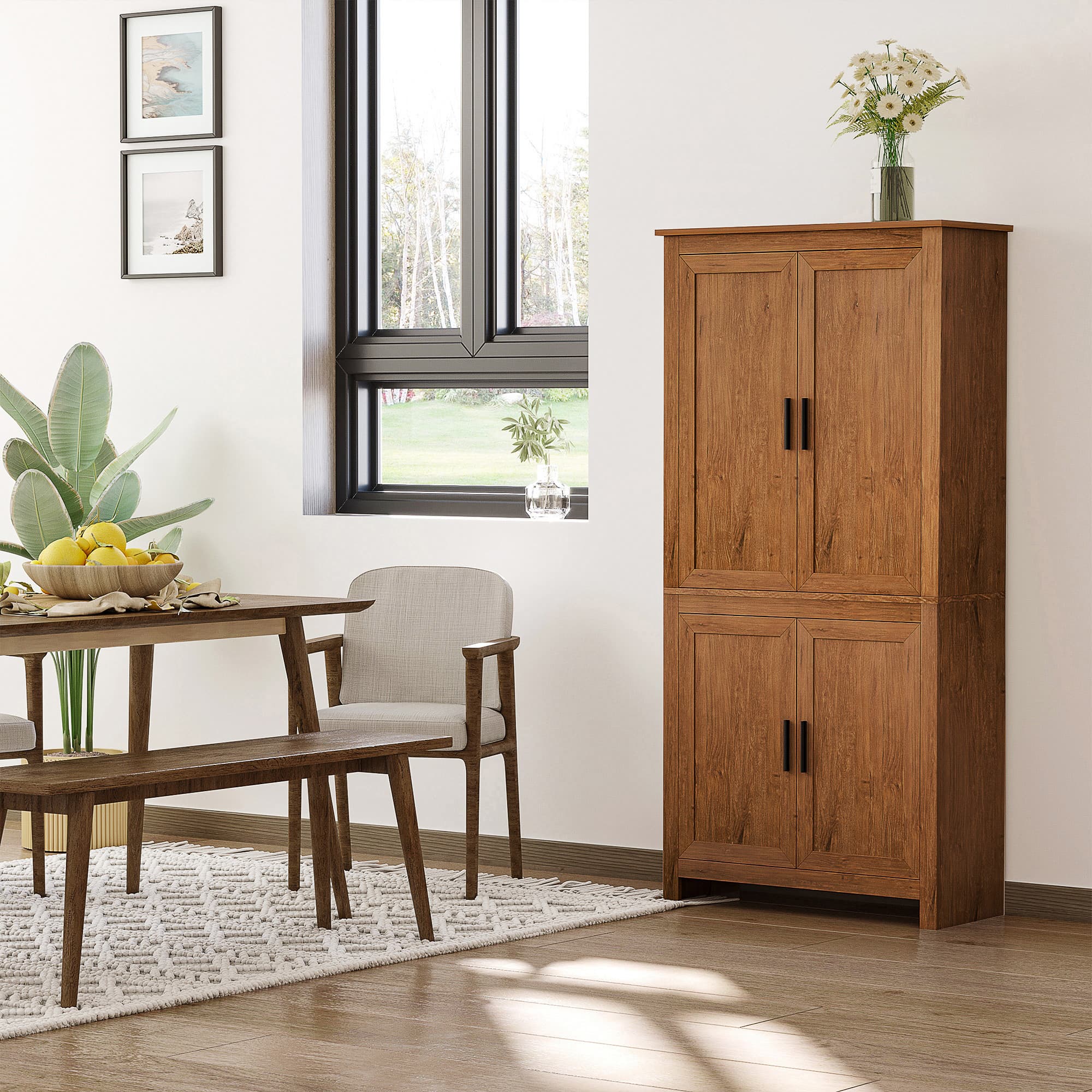 HOMCOM 64" Kitchen Pantry Cabinet, Freestanding Storage Cabinet with 4 Doors, 3 Adjustable Shelves, Oak | Aosom Canada
