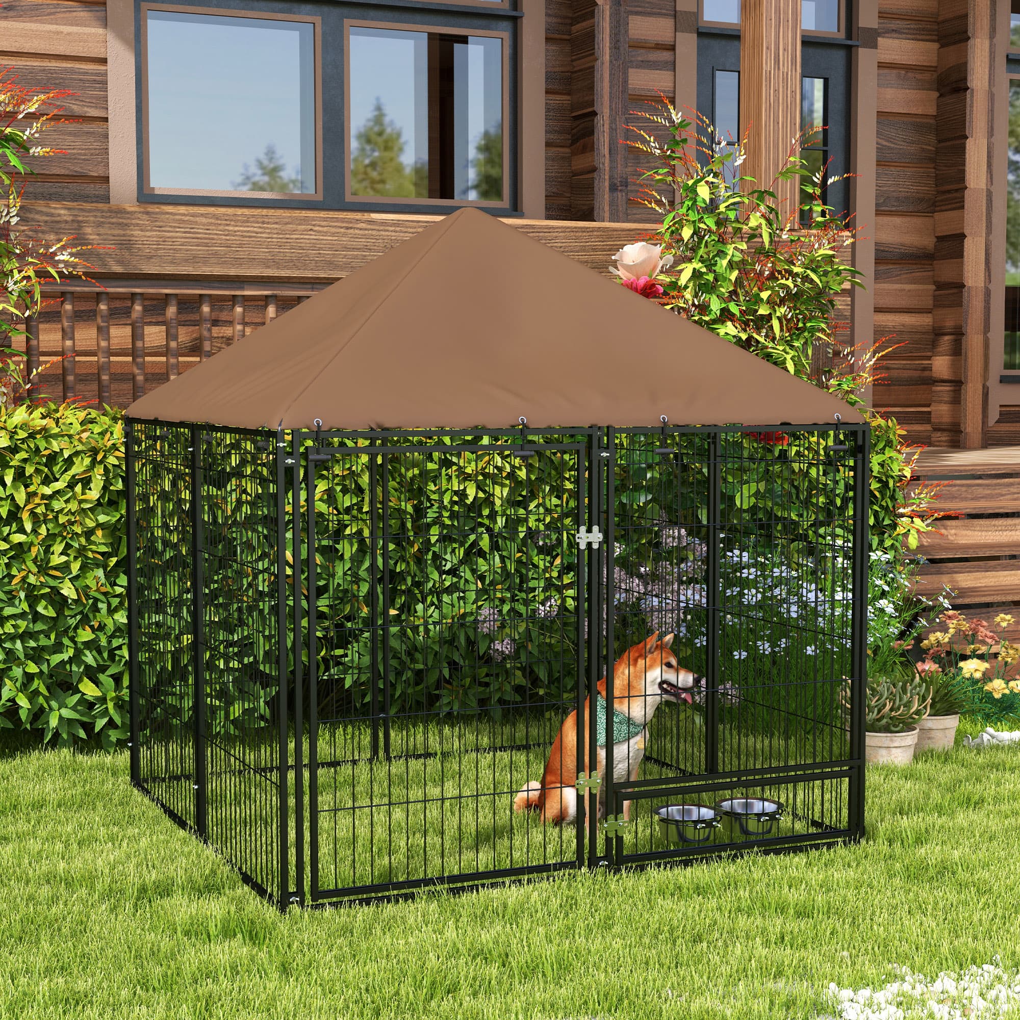 PawHut 4.6' x 4.6' x 5' Outdoor Dog Kennel with Canopy, Rotating Bowls, Coffee | Aosom Canada