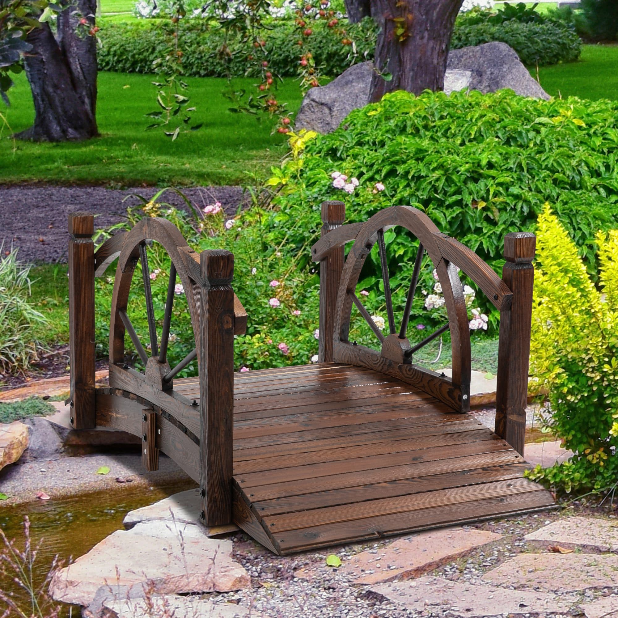 Outsunny Wooden Garden Bridge, Decorative Arc Footbridge with Safety Guardrail | Aosom Canada