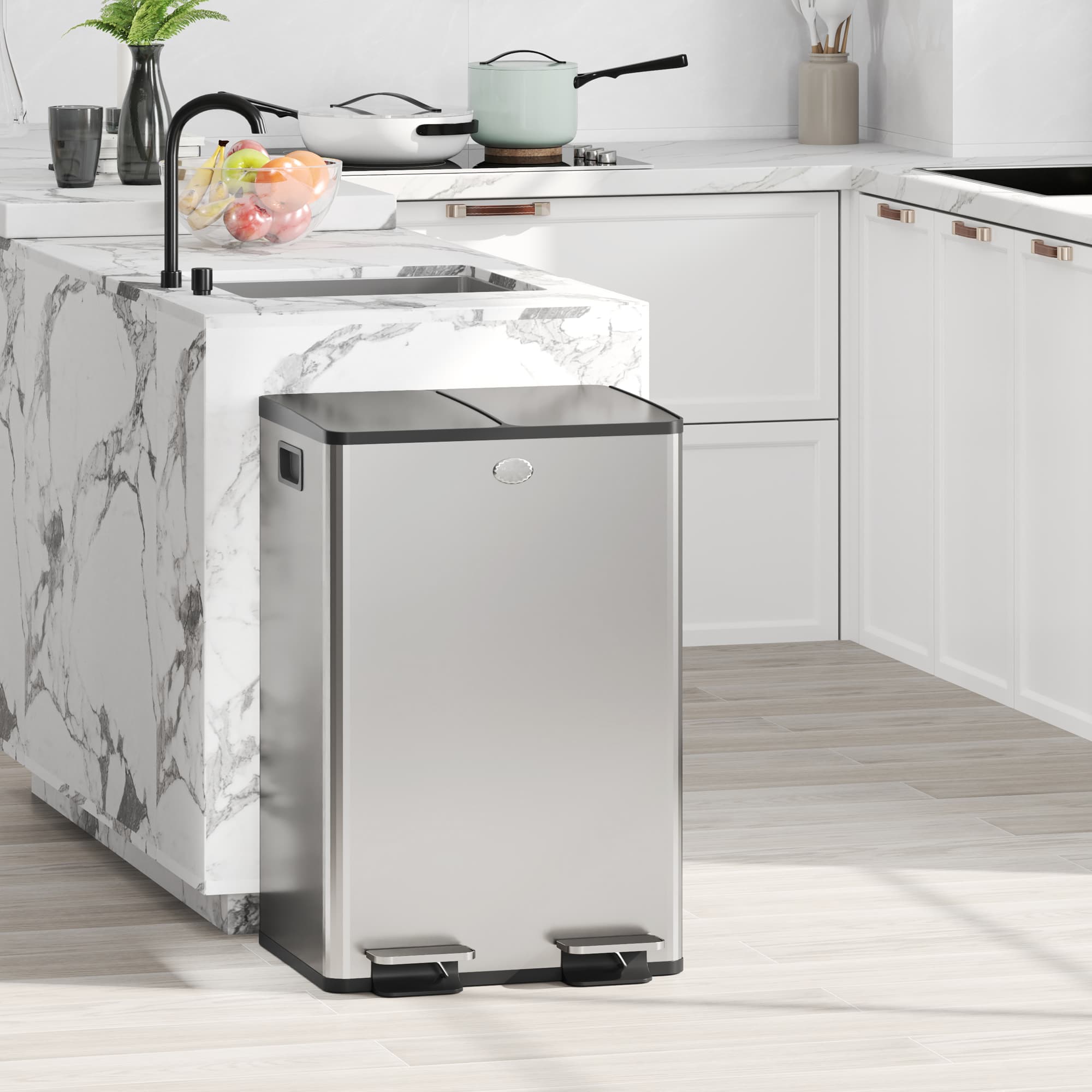 HOMCOM Dual Garbage Bin, Soft-Close Trash Can with Foot Pedal, 2 x 28 Liter Garbage Can with Removable Inner Buckets, Silver | Aosom Canada