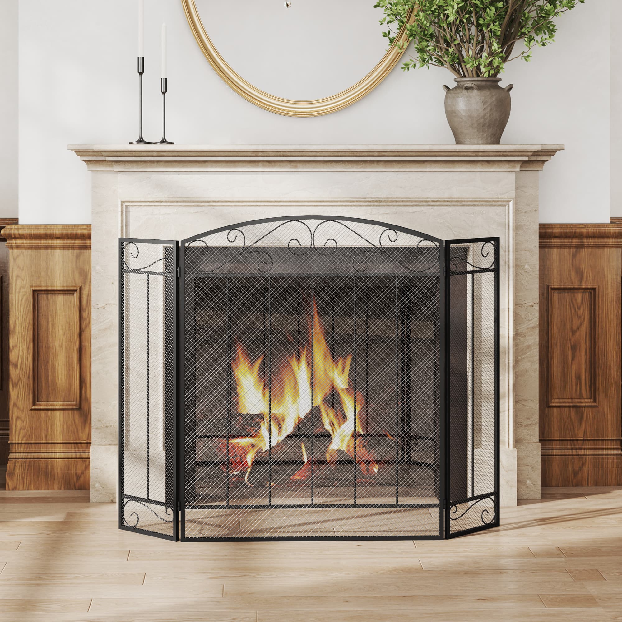 HOMCOM 3-Panel Folding Fireplace Screen, Steel Mesh Fire Spark Guard Cover with Decorative Vine Pattern for Living Room Indoor Decor| Aosom Canada