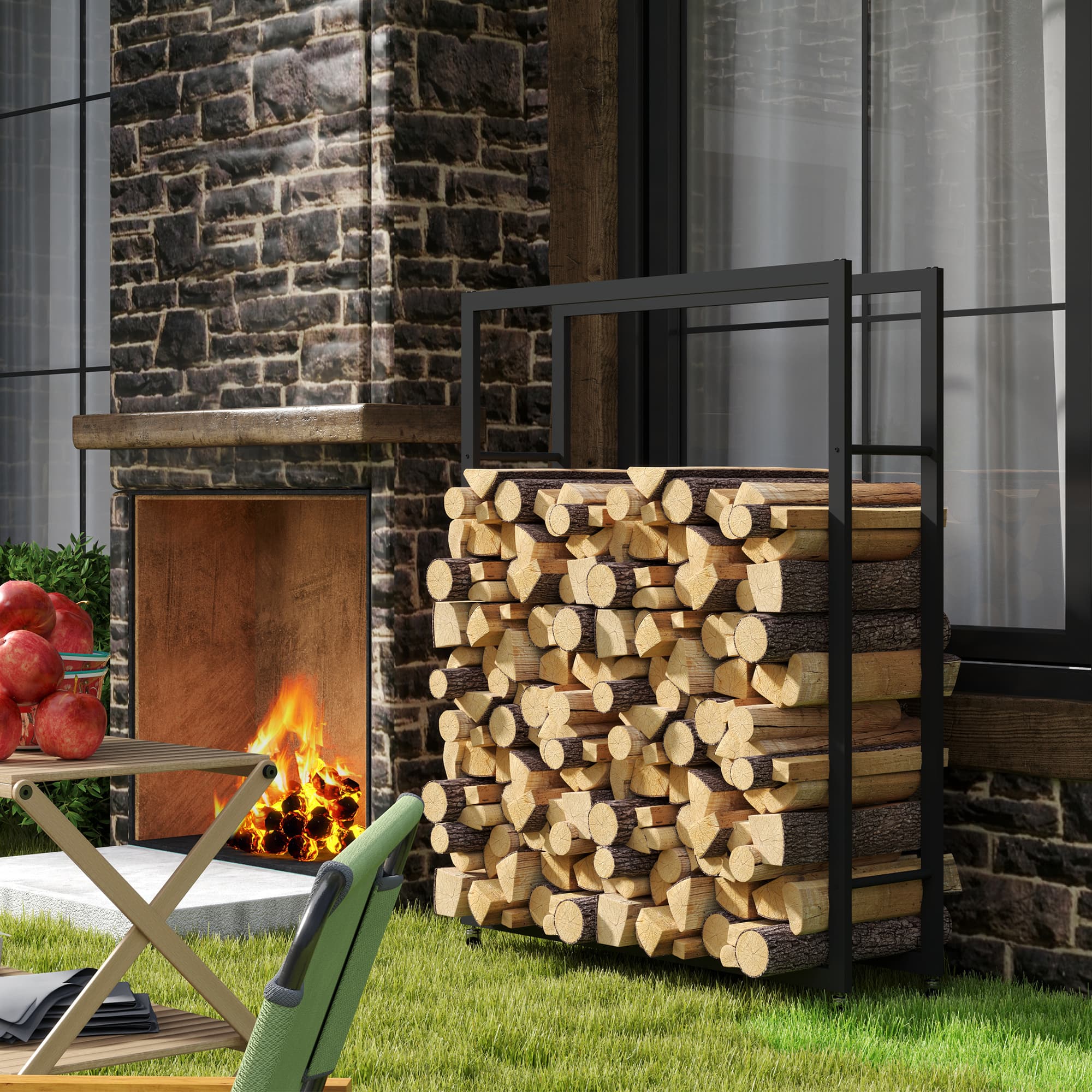 Outsunny Outdoor Firewood Rack with Wheels Heavy Duty Steel Wood Log Storage Stacker for Fireplace, Black | Aosom Canada