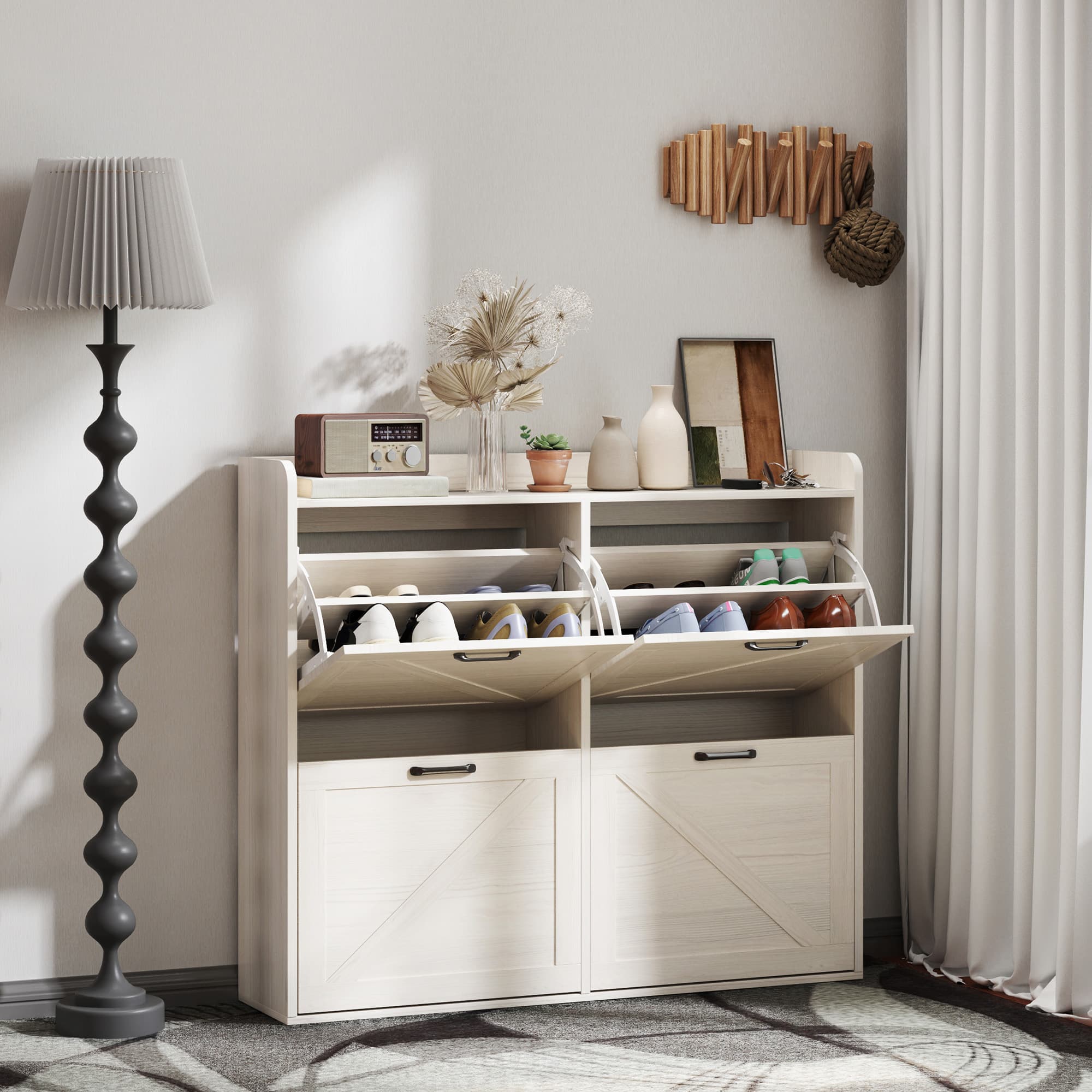 HOMCOM Narrow Shoe Storage Cabinet with 4 Flip Drawers, Adjustable Shelves, 16 Pair Farmhouse Shoe Cabinet, White Oak | Aosom Canada