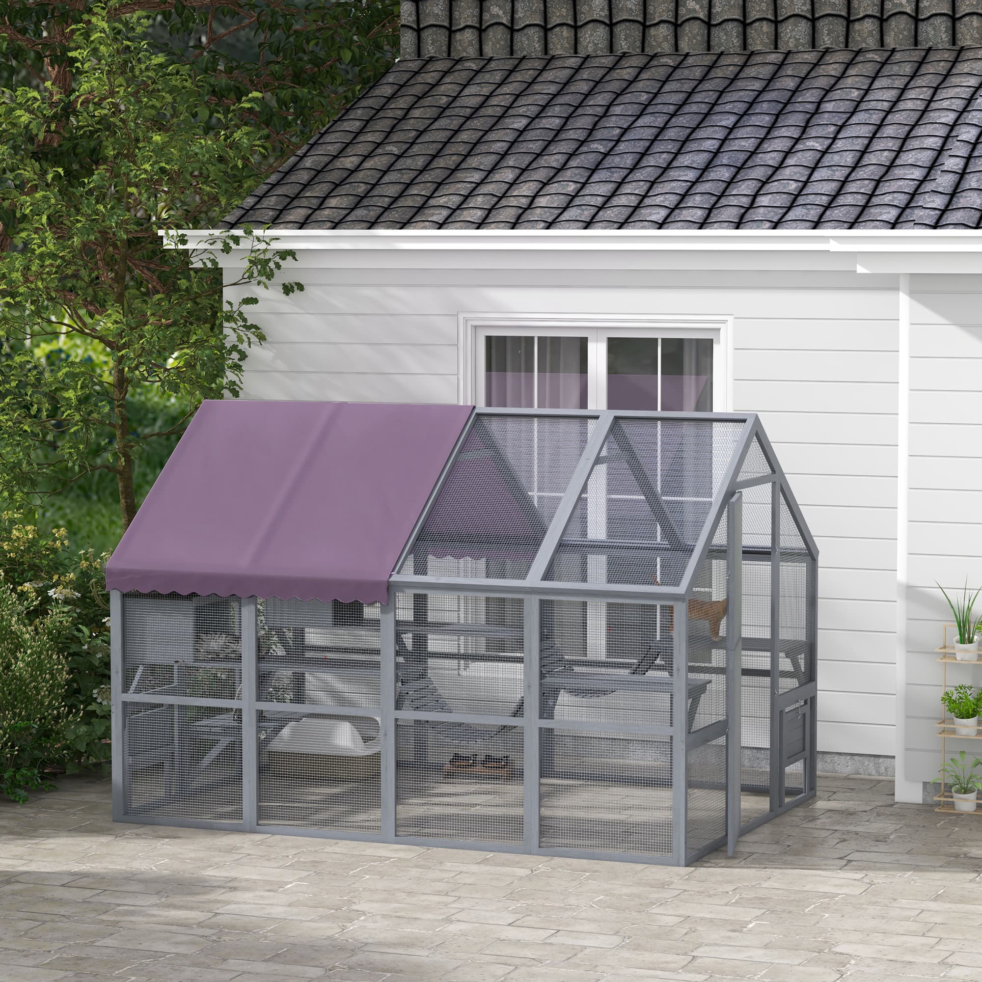 PawHut Outdoor Cat Cage, Wooden Enclosure with Weatherproof Canopy, Bridges & Resting Platforms for 3-6 Cats | Aosom Canada
