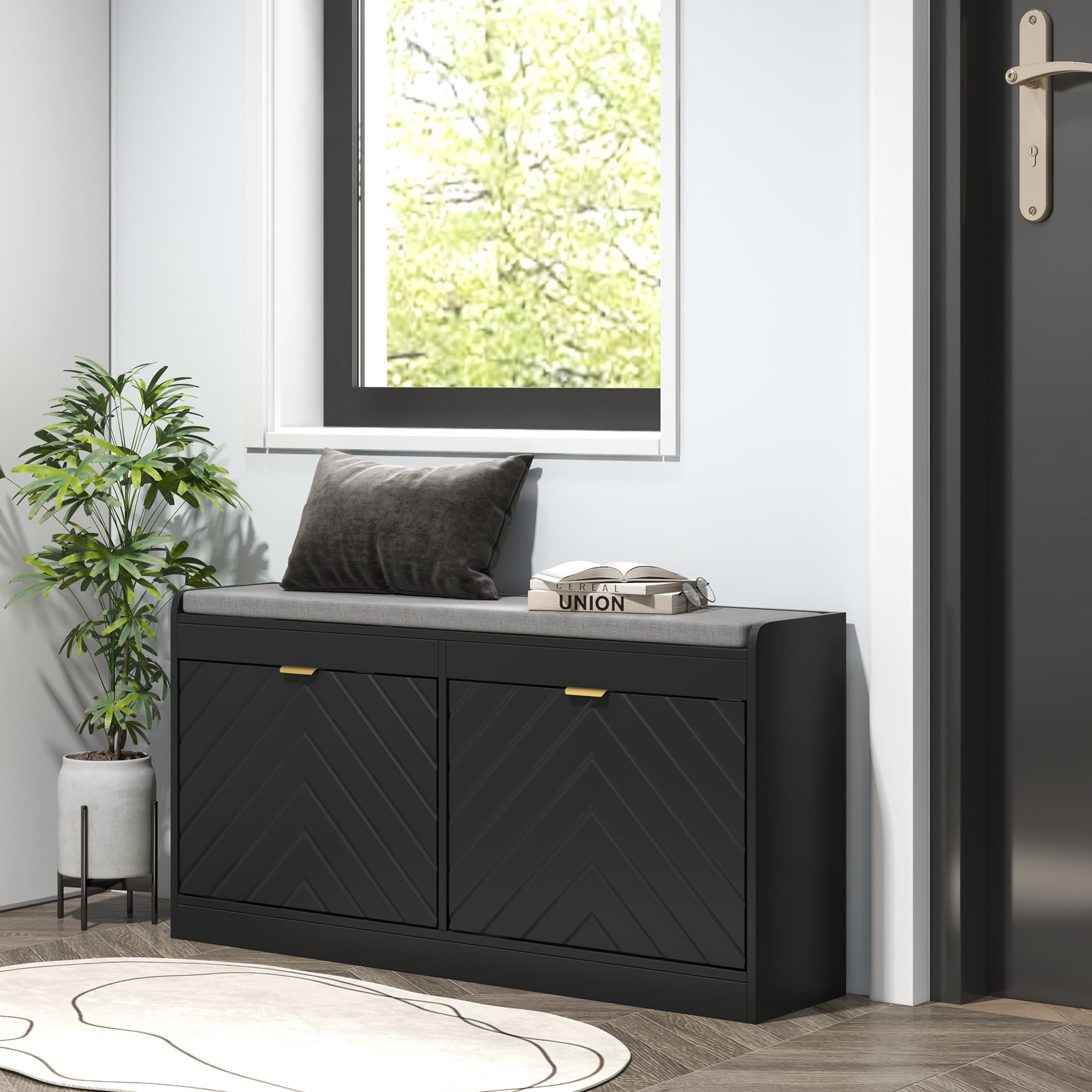 HOMCOM Shoe Storage with Seat, Upholstered Hallway Bench, Shoe Bench with 2 Flip Drawers and 2 Vents for 8 Pairs of Shoes | Aosom Canada