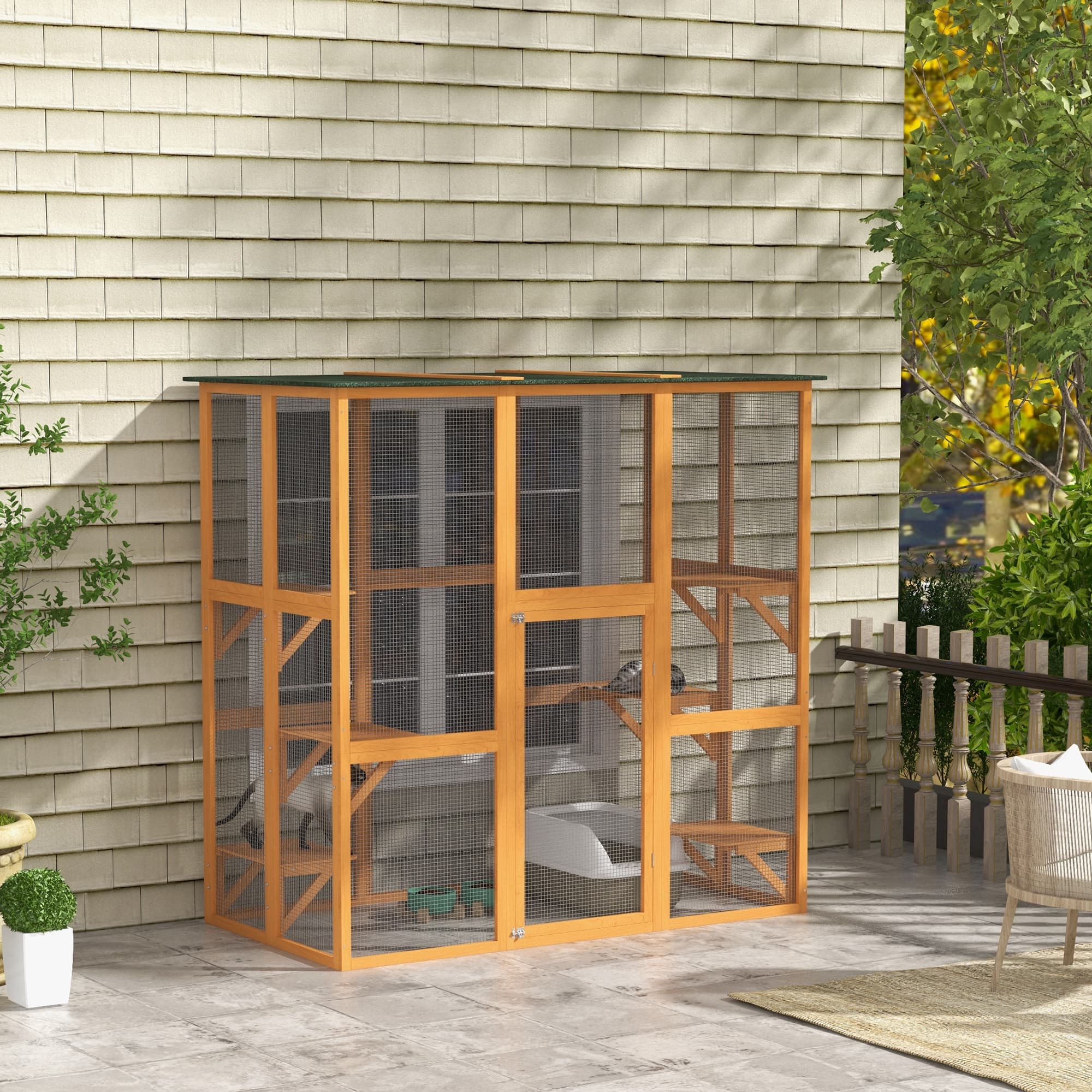 PawHut Outdoor Catio House: Durable 71"x39"x71" Wooden Cat Patio with 6 Platforms & Asphalt Roof, Orange | Aosom Canada