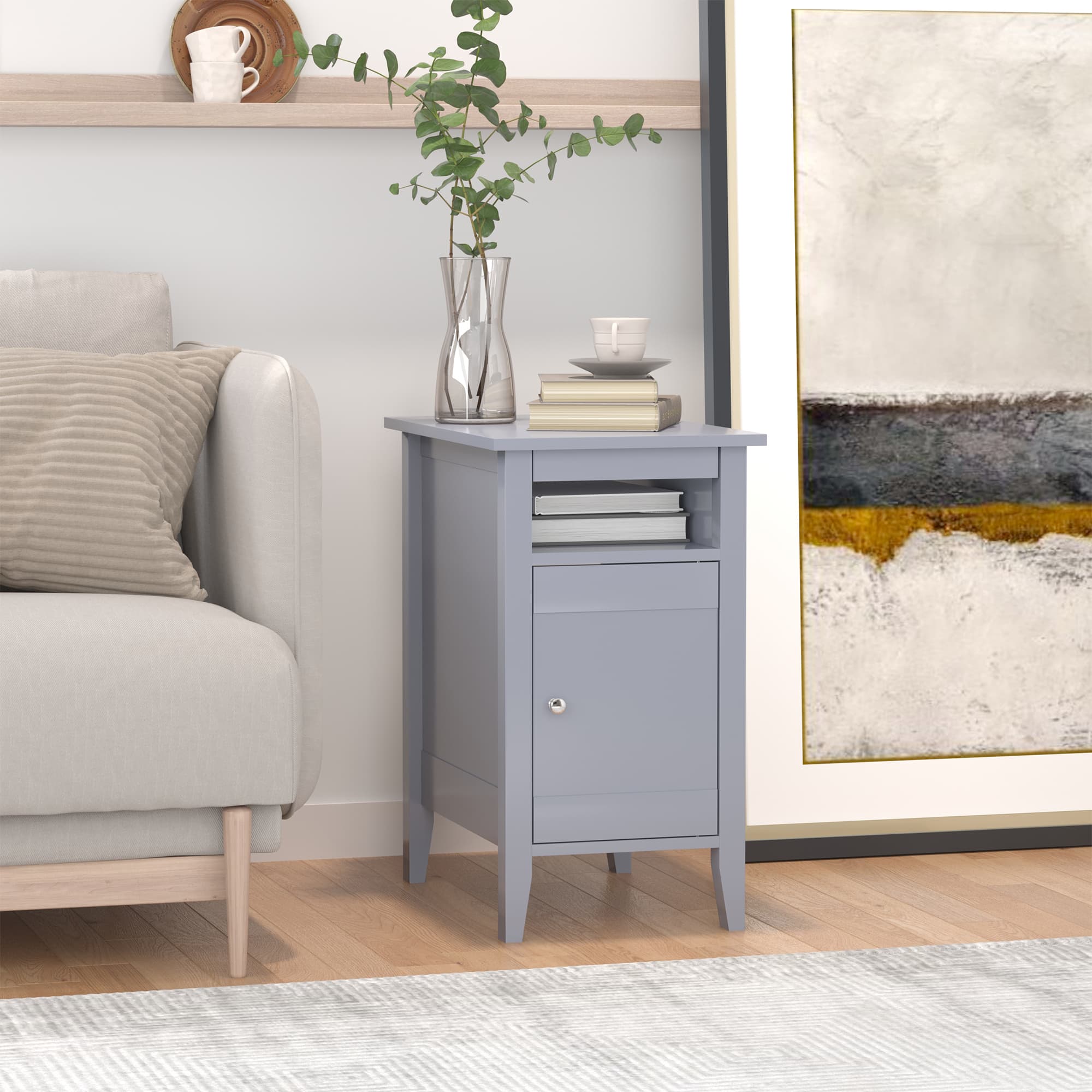 HOMCOM Stylish End Table: Accent Side Table with Open Shelf and Cupboard, Sofa Side Table with Storage for Living Room, Chic Grey | Aosom Canada