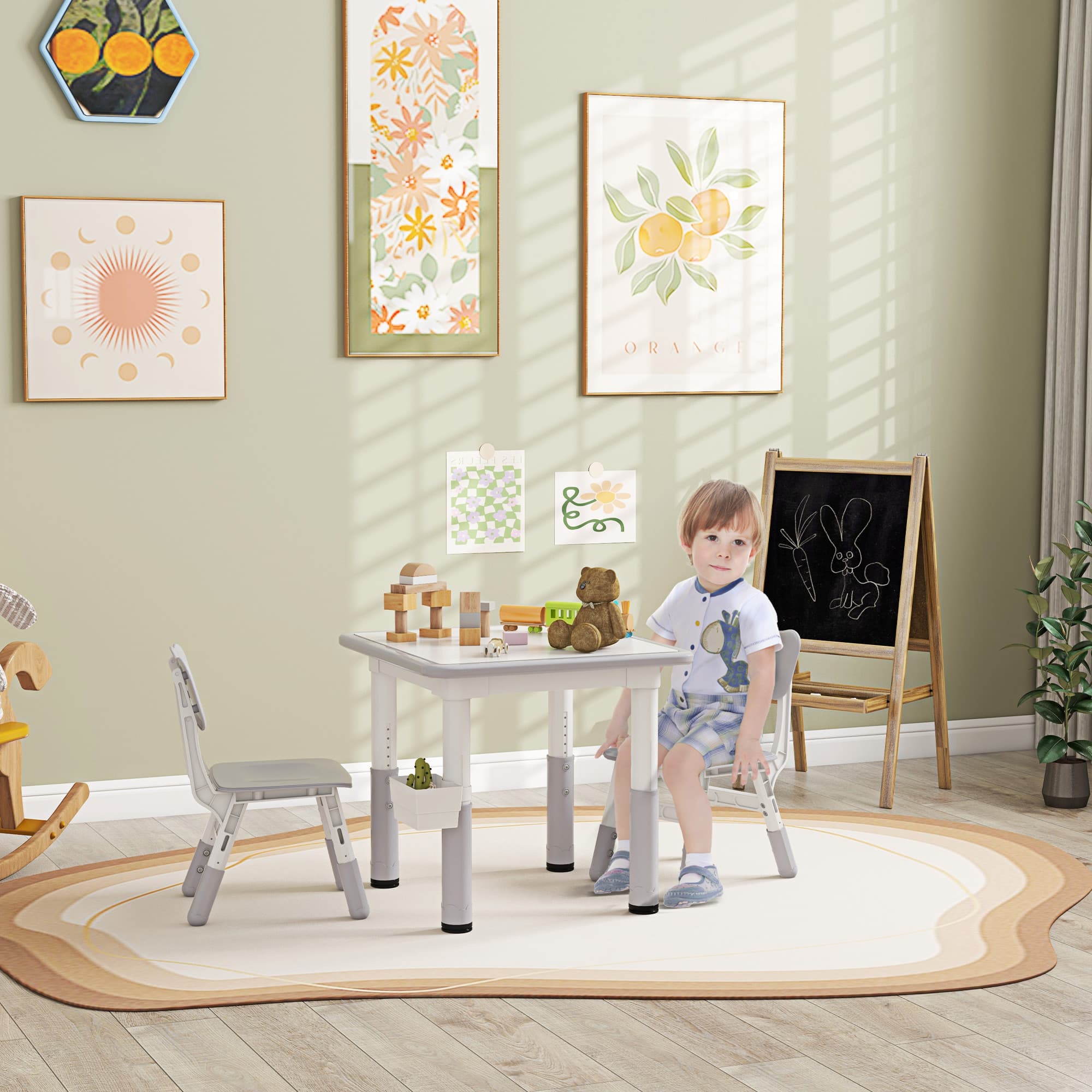 Qaba 3 Piece Toddler Table Chair Set Height Adjustable Kids Storage Playroom Furniture Grey | Aosom Canada