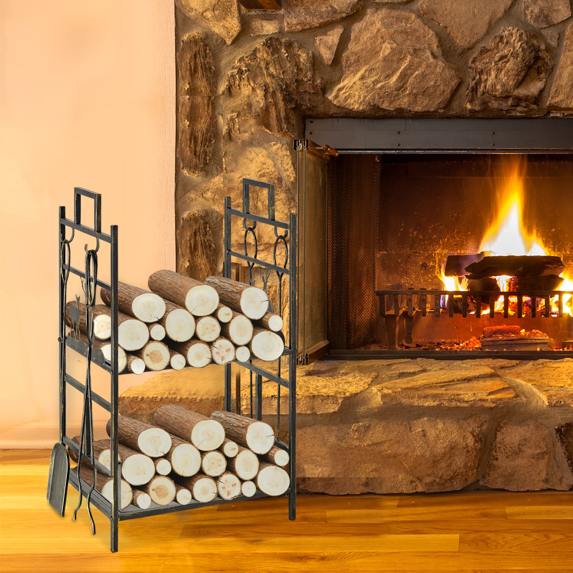 Outsunny Heavy Duty Firewood Rack, 2-Layer Log Stacker with 4 Tools, Fireplace Wood Storage, Gold | Aosom Canada