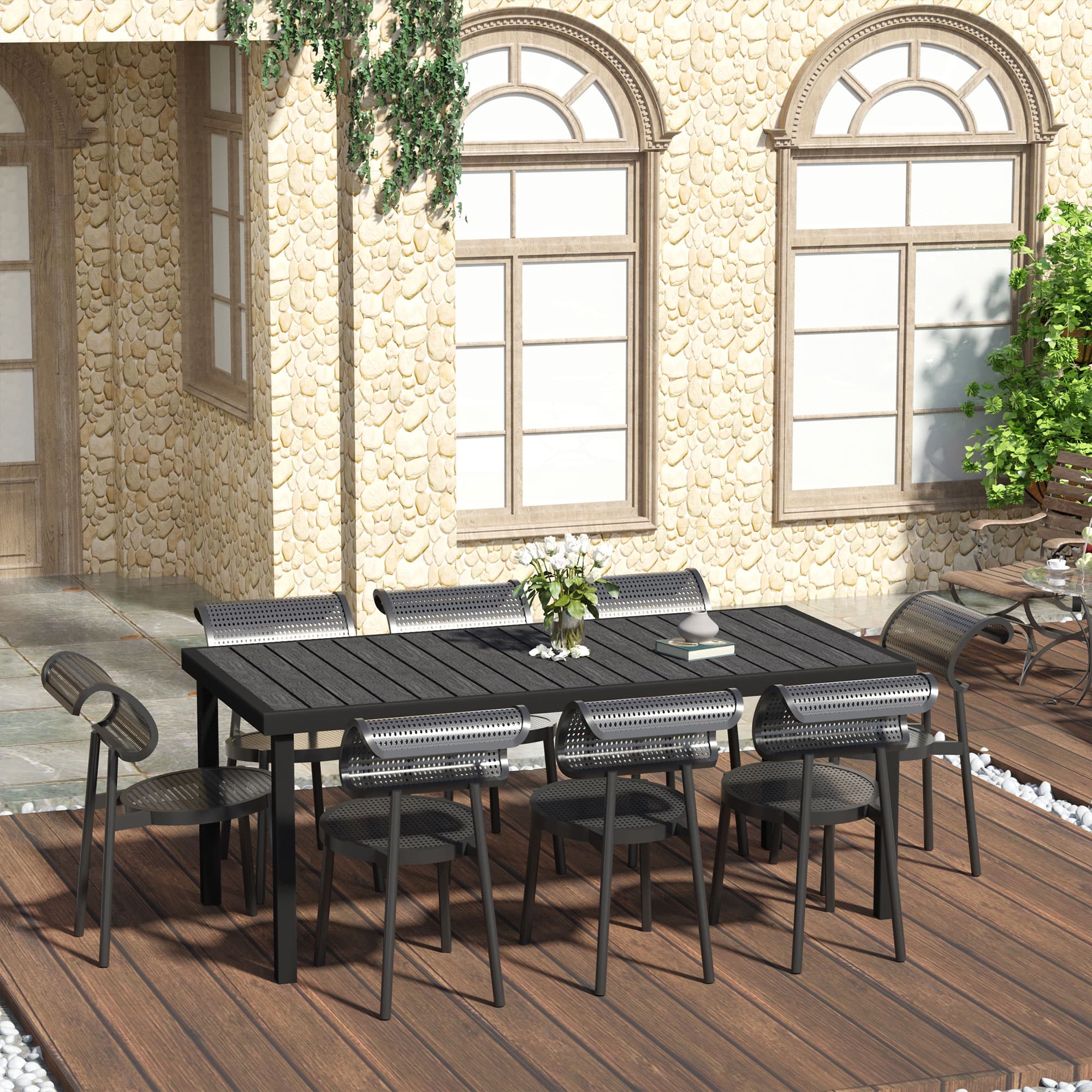 Outsunny Large Patio Table for 8 Outdoor Bistro Wood-like Rectangular Table Anti-slip Footpads Garden Black | Aosom Canada