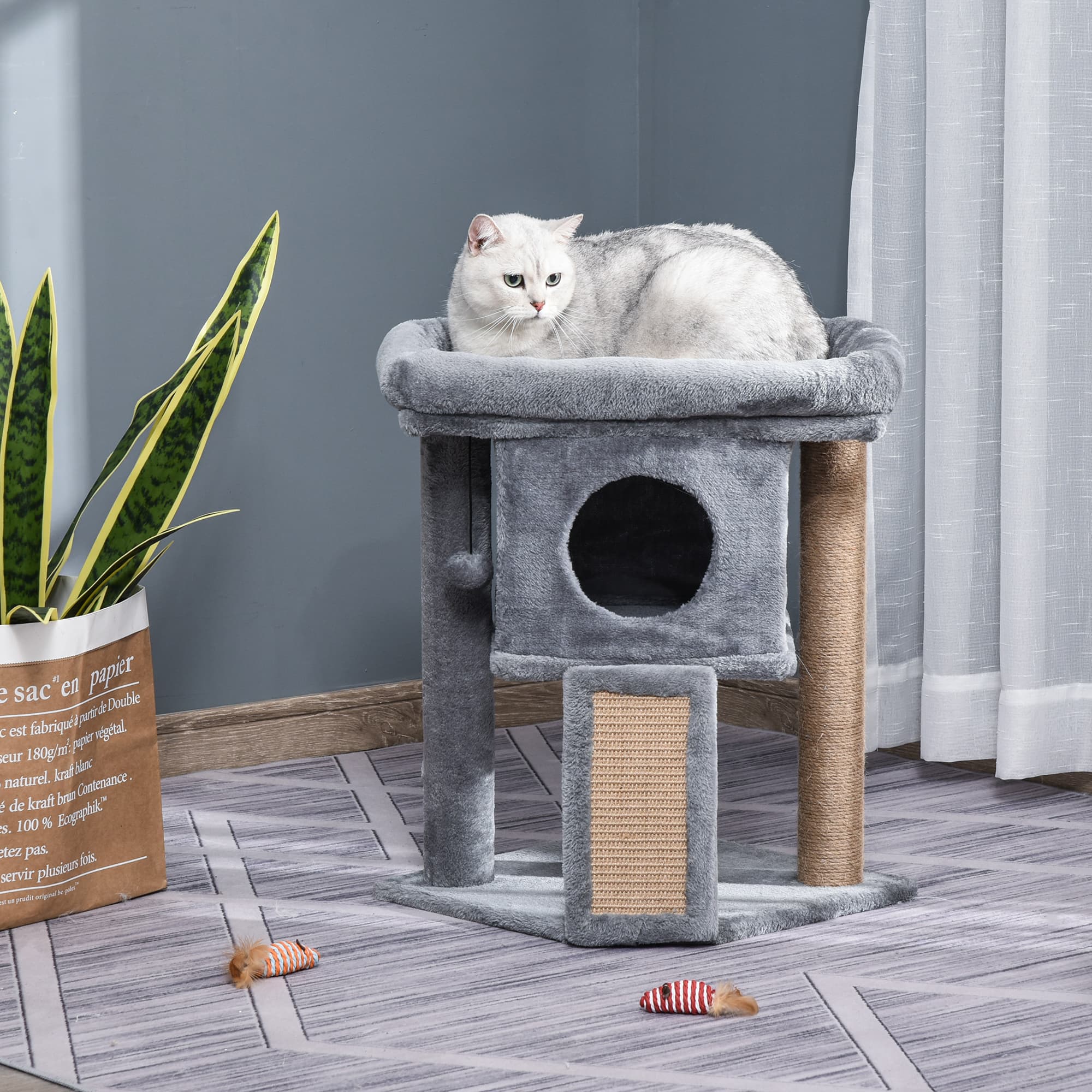 PawHut Kitten Playground: Small Indoor Cat Tree Tower with Perch, Scratching Post, Condo, Toy Ball for Kittens and Cats, Grey | Aosom Canada