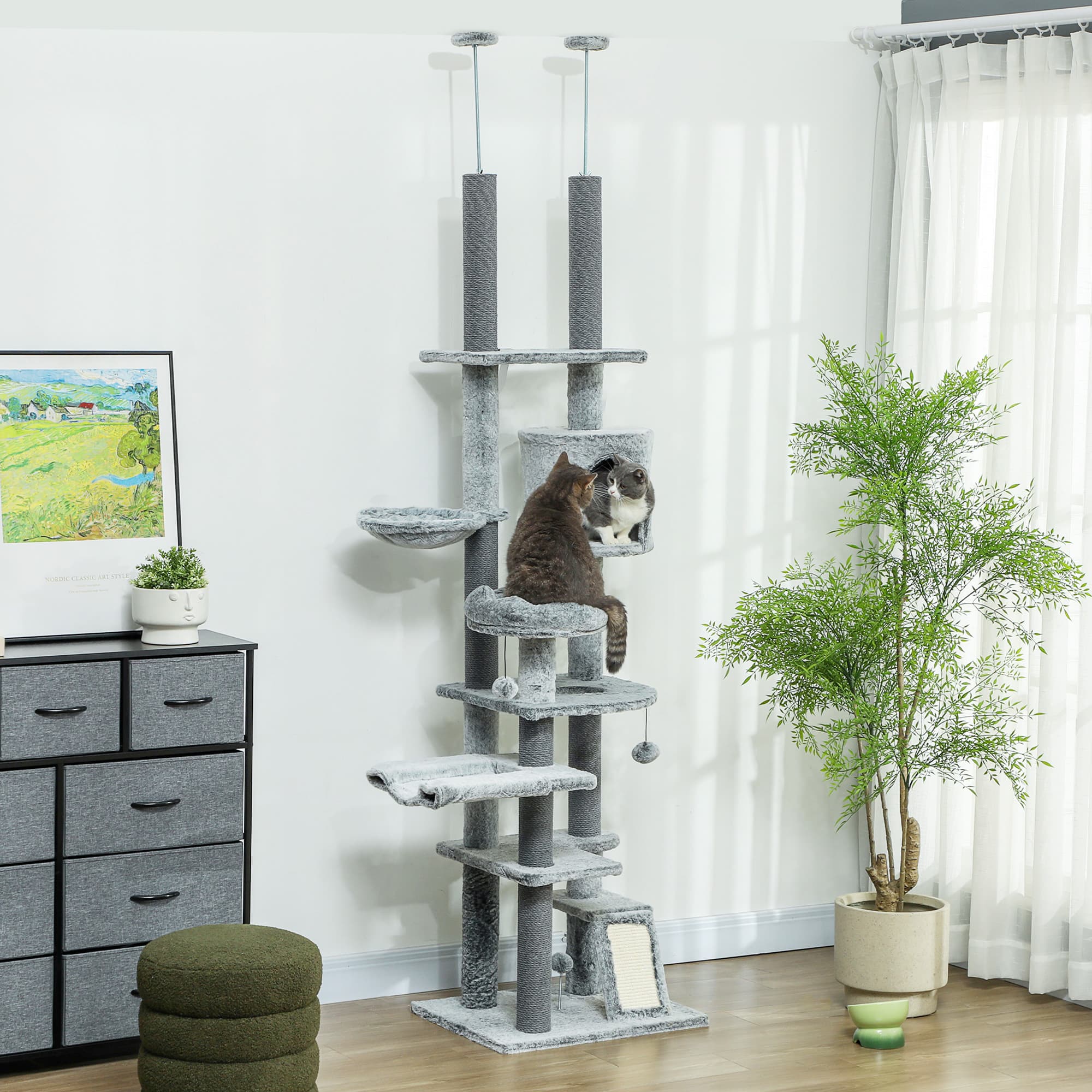 PawHut 89" -100" Adjustable Height Floor to Ceiling Cat Tree, Multi Levels Cat Climbing Tower with Scratching Posts | Aosom Canada