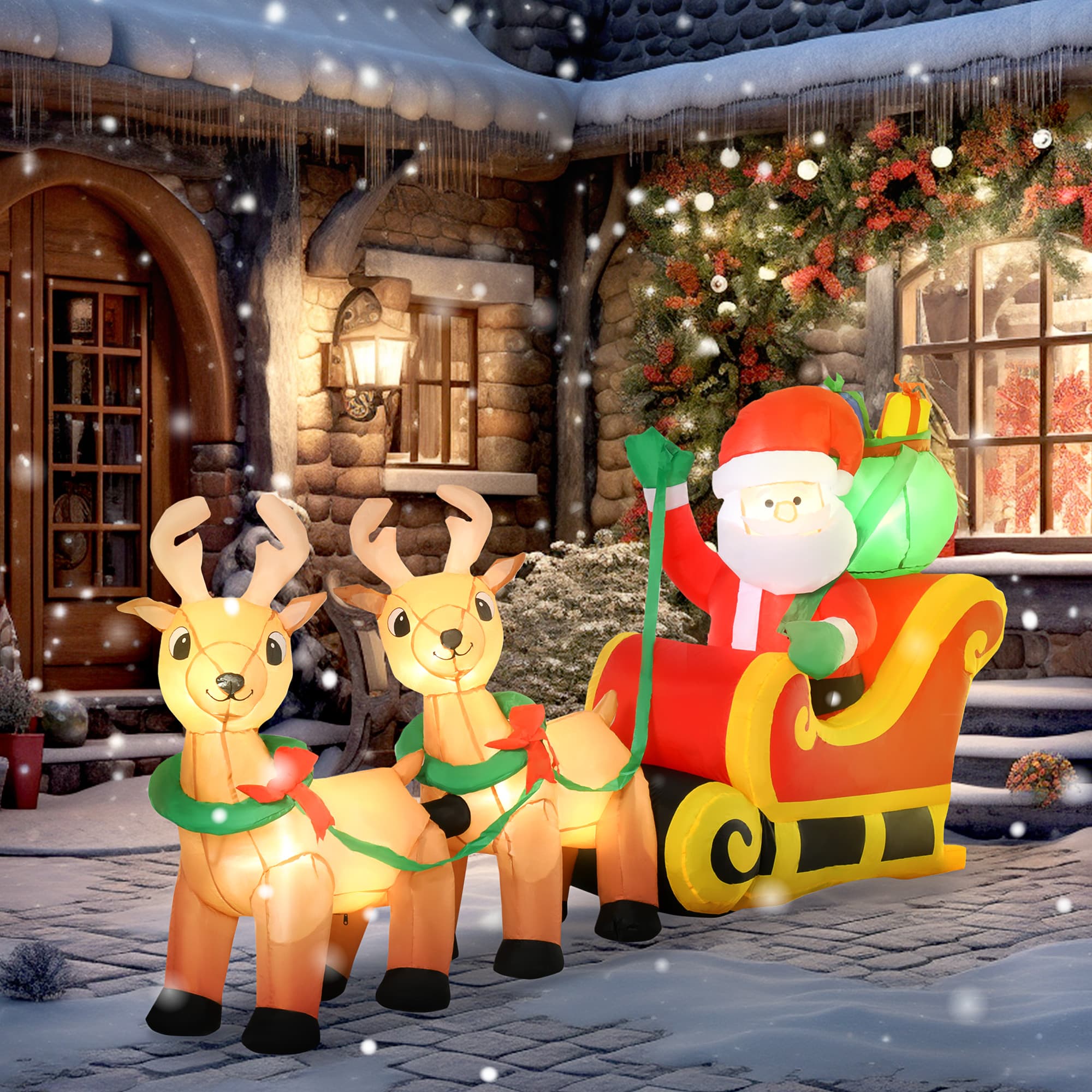 HOMCOM 8ft Christmas Inflatables Santa Claus with Sleigh and Reindeer, Outdoor Decoration with LED Lights Display | Aosom Canada
