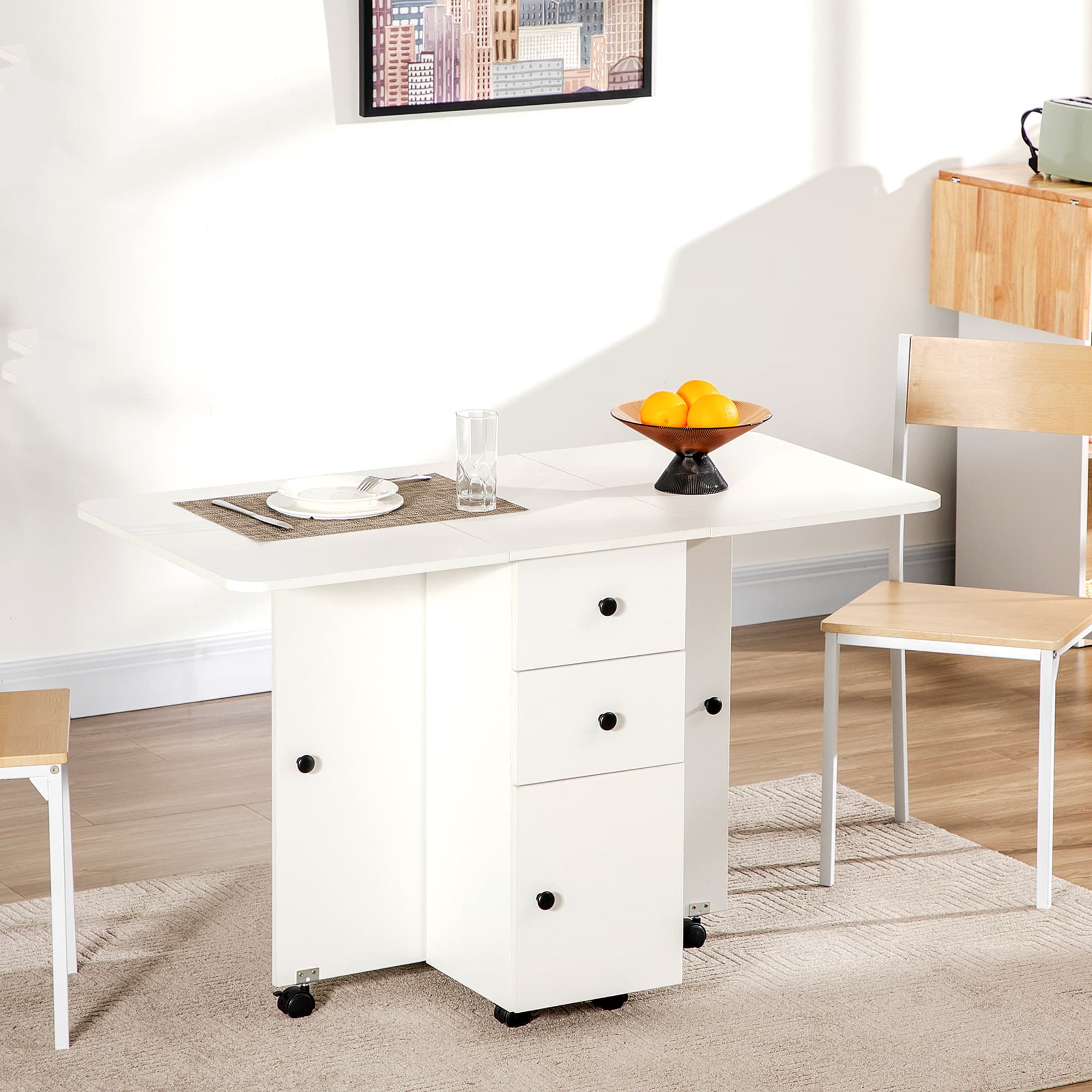 HOMCOM Rolling Kitchen Table Foldable Dining with Storage Drawers Cabinet Drop Leaf Wheels White | Aosom Canada