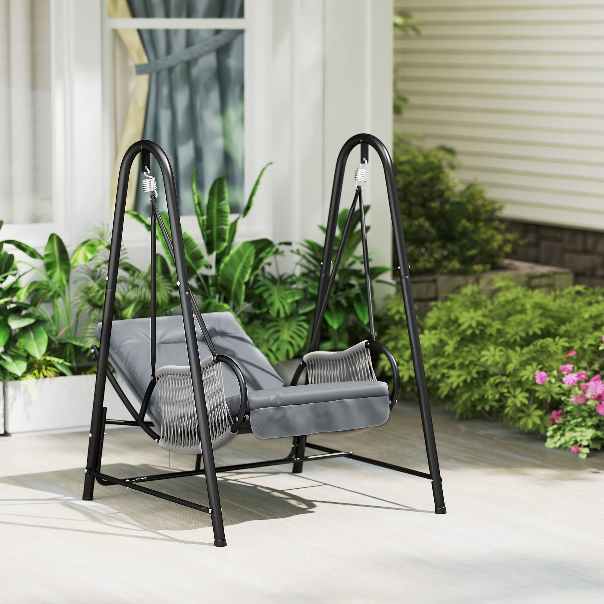 Outsunny Rattan Hammock Chair with Stand Included, Hanging Swing Chair with Stand and Seat Cushion, Light Grey | Aosom Canada