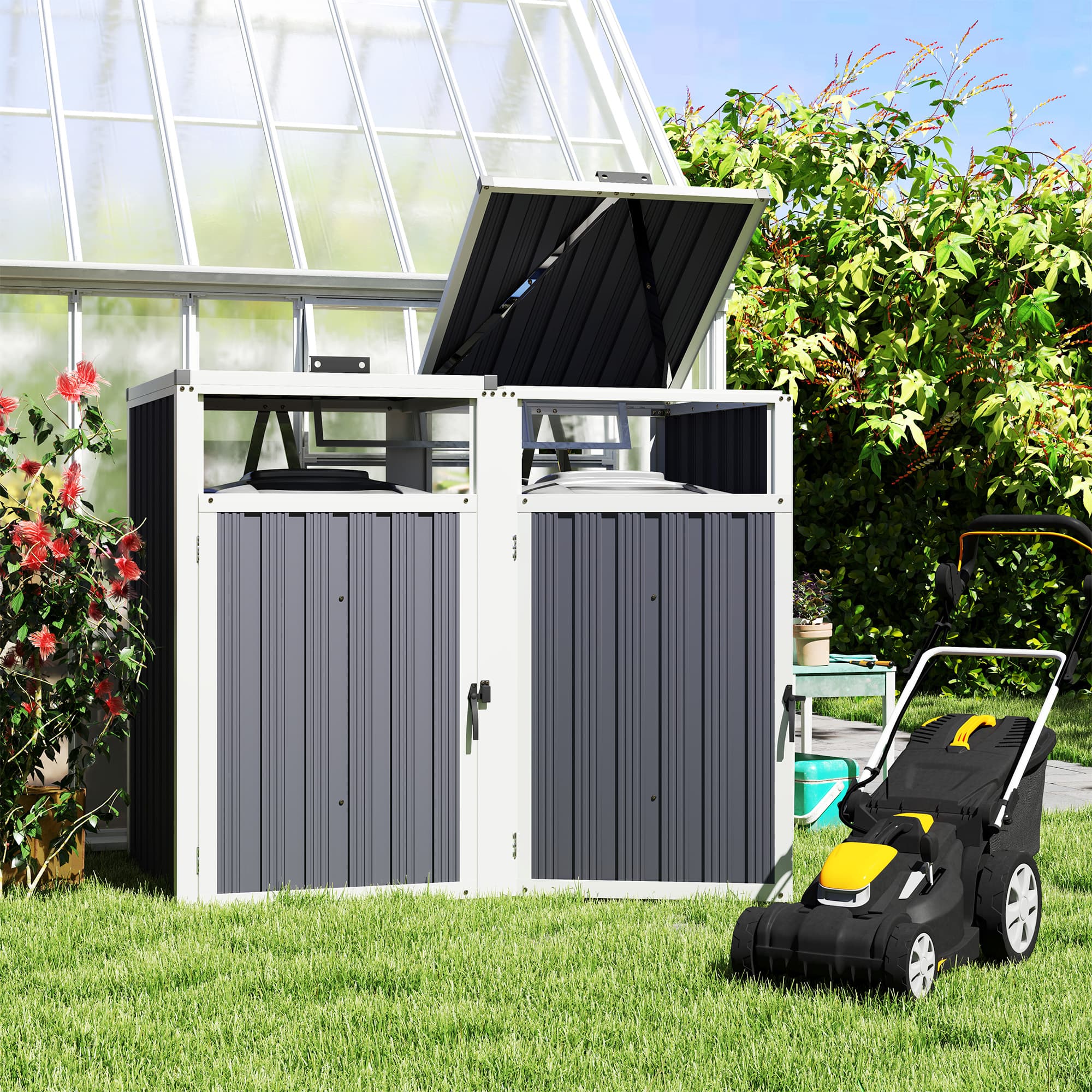 Outsunny Double Garbage Bin Shed, Lockable Outdoor Storage Shed with Openable Lid, Galvanized Frame for Garden Patio, Dark Grey | Aosom Canada