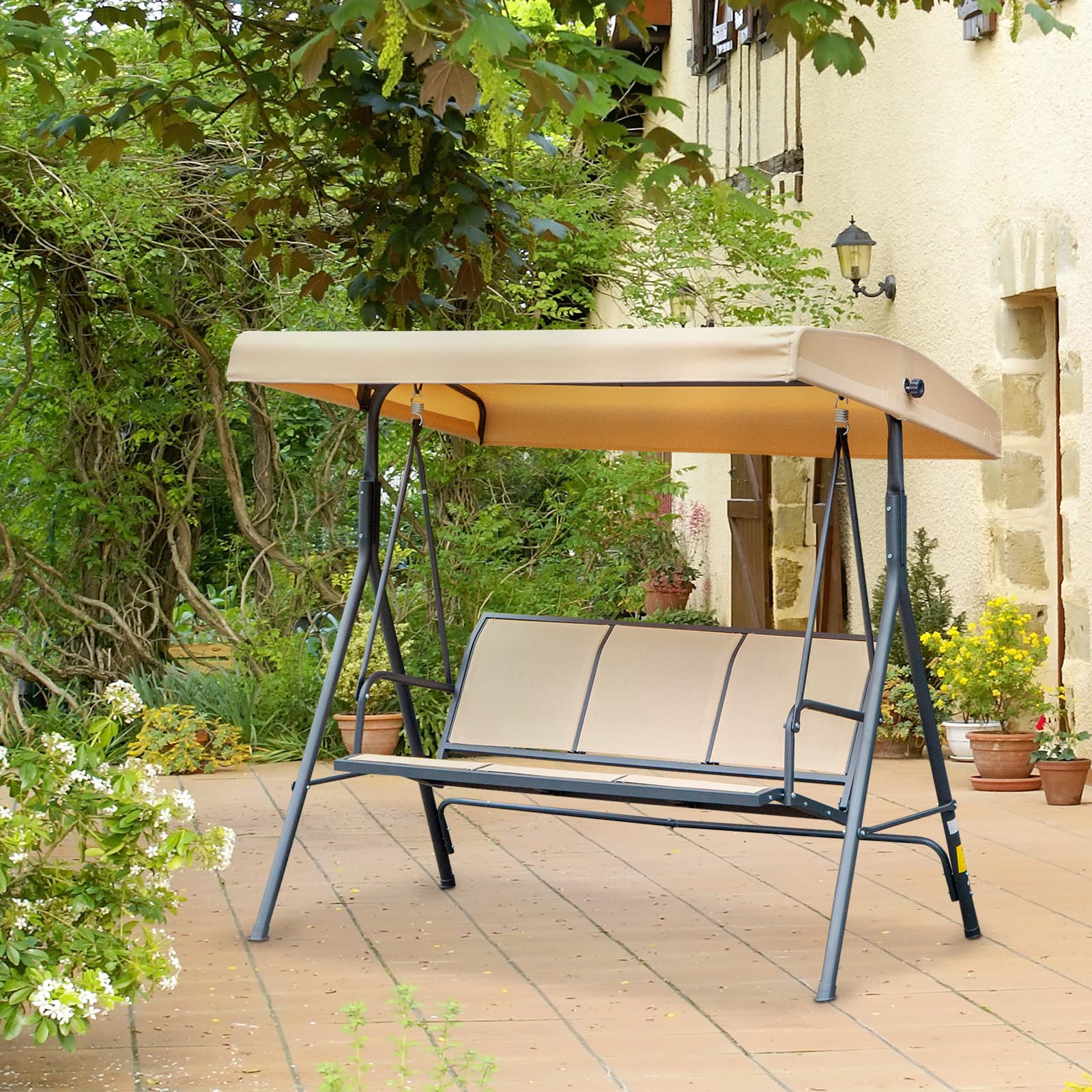 Outsunny 3-Seater Swing Chair Covered Garden Hammock A-Frame Outdoor Porch Glider Sling Seat with Adjustable Canopy Cover, Beige | Aosom Canada