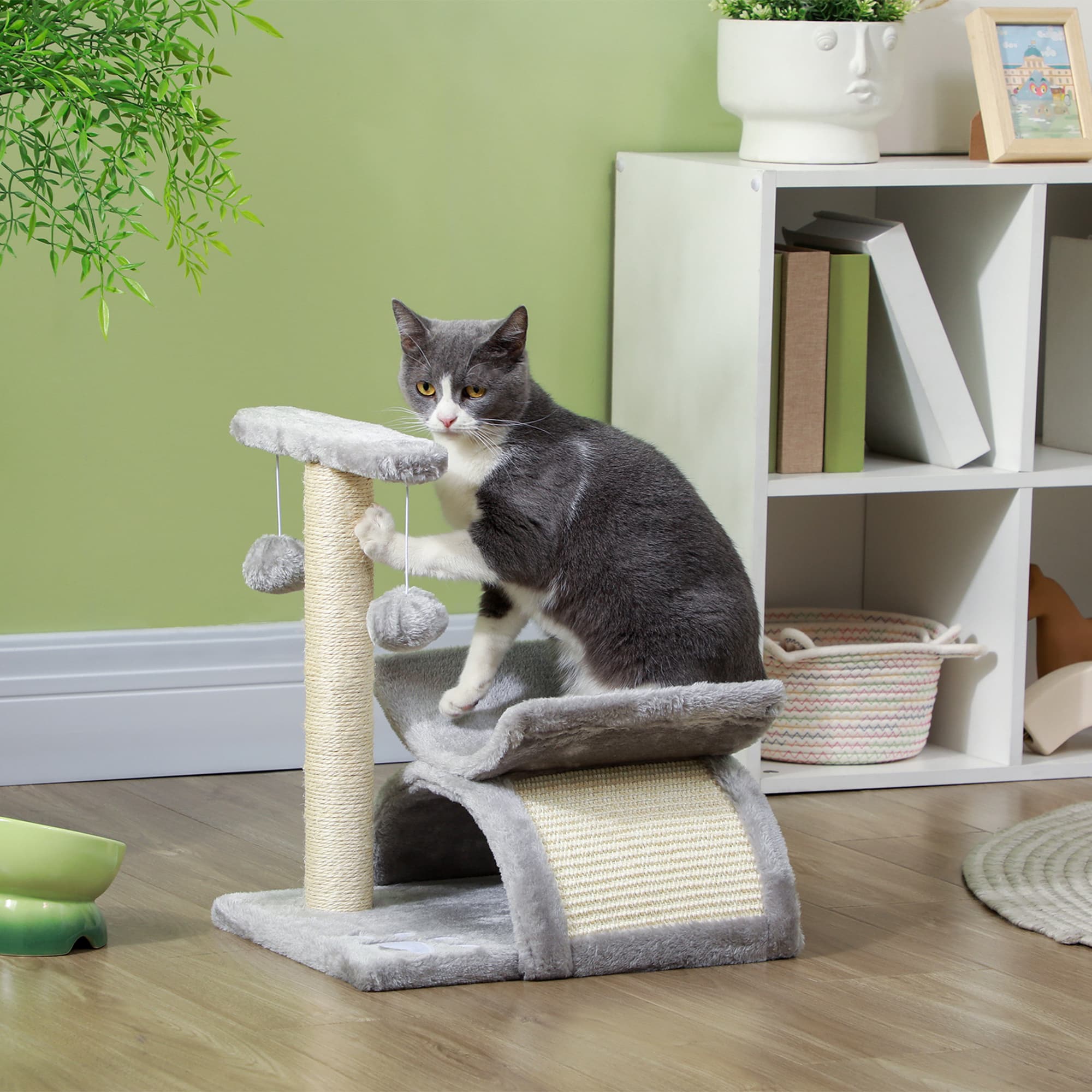 PawHut 17" Small Cat Tree with Scratching Post, Cat Tower with Rotatable Top Pole, Platform, 2 Dangling Balls, Light Grey | Aosom Canada