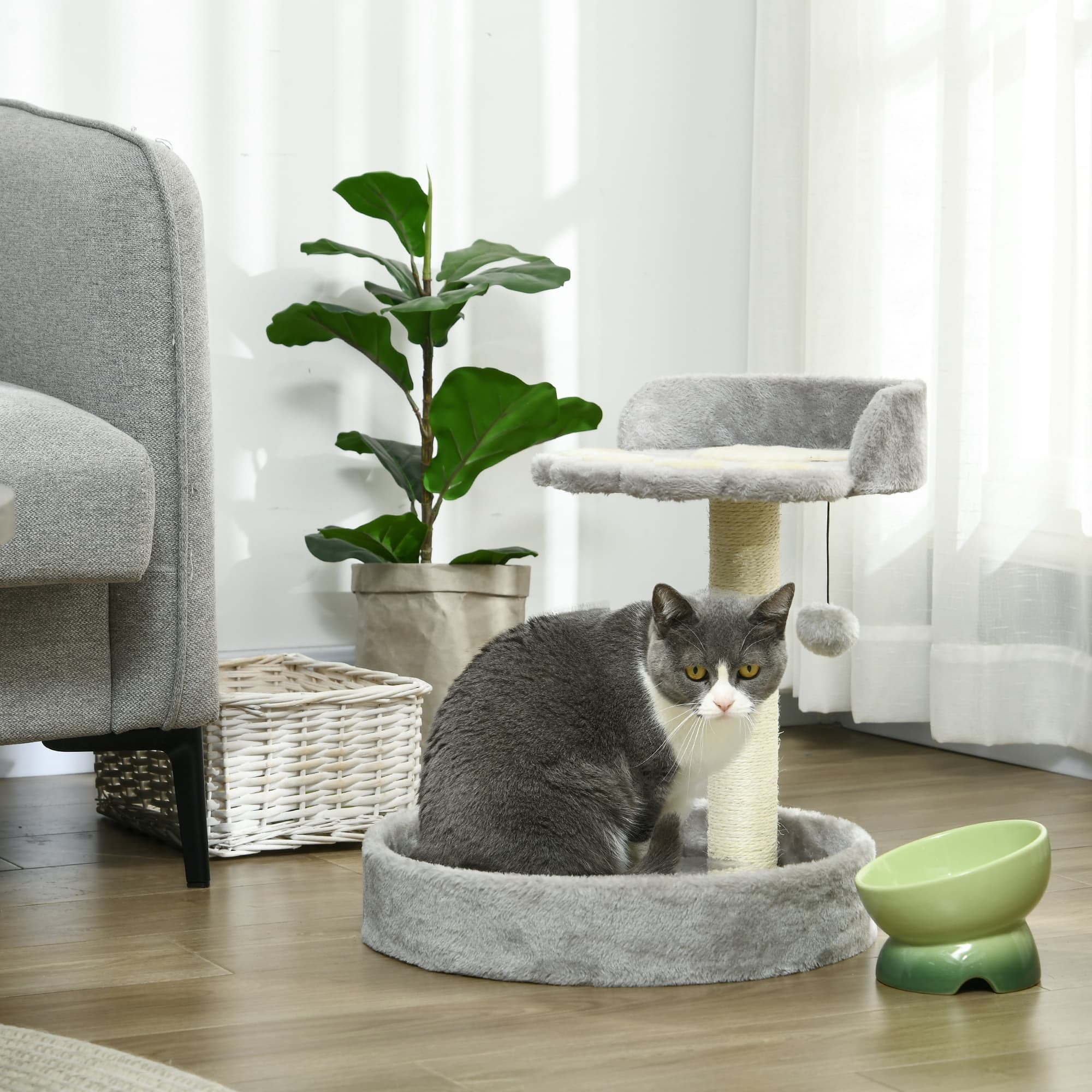 PawHut 17" Small Cat Tree, Cat Tower with Sisal Scratching Post, Dangling Ball, Bed, Kitten Activity Centre, Light Grey | Aosom Canada