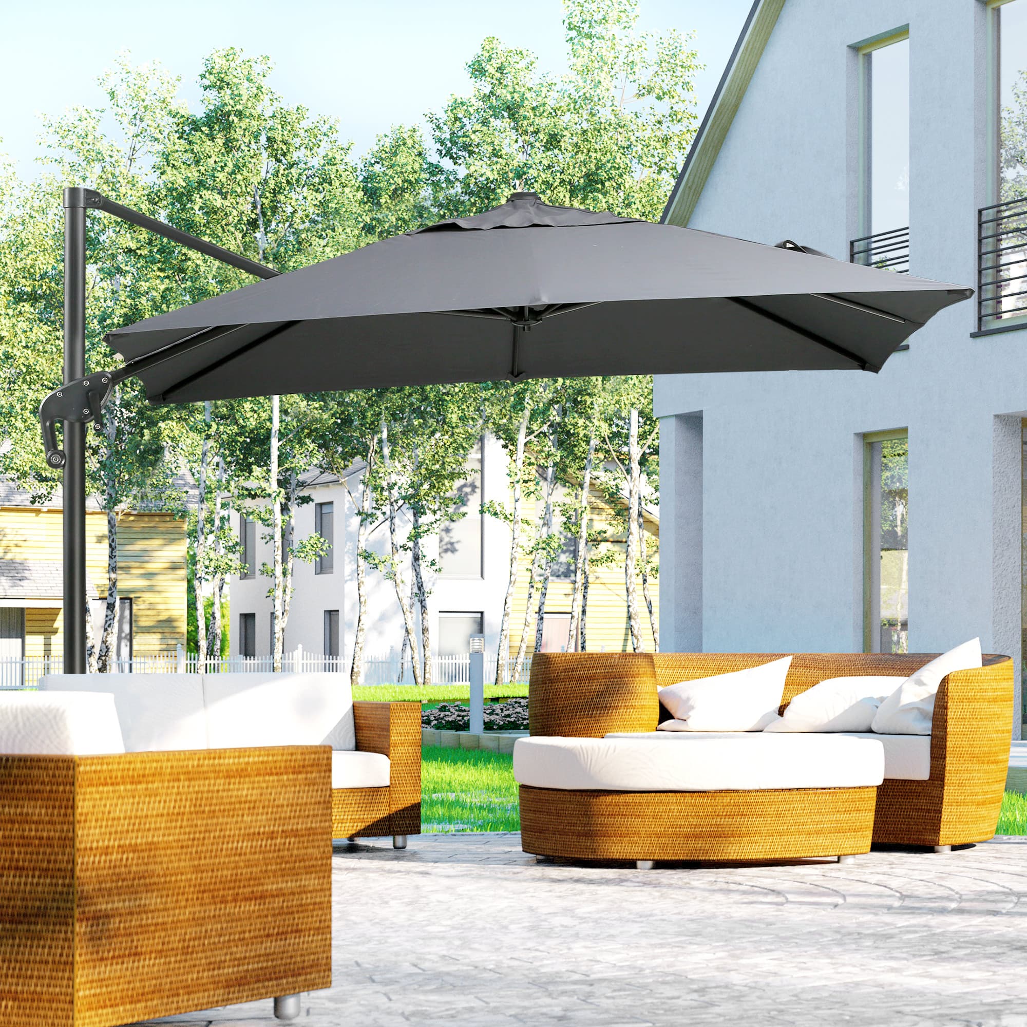 Outsunny 8'x8' Square Patio Hanging Offset Umbrella, Outdoor Cantilever Parasol w/ Cross Base, Dark Grey | Aosom Canada