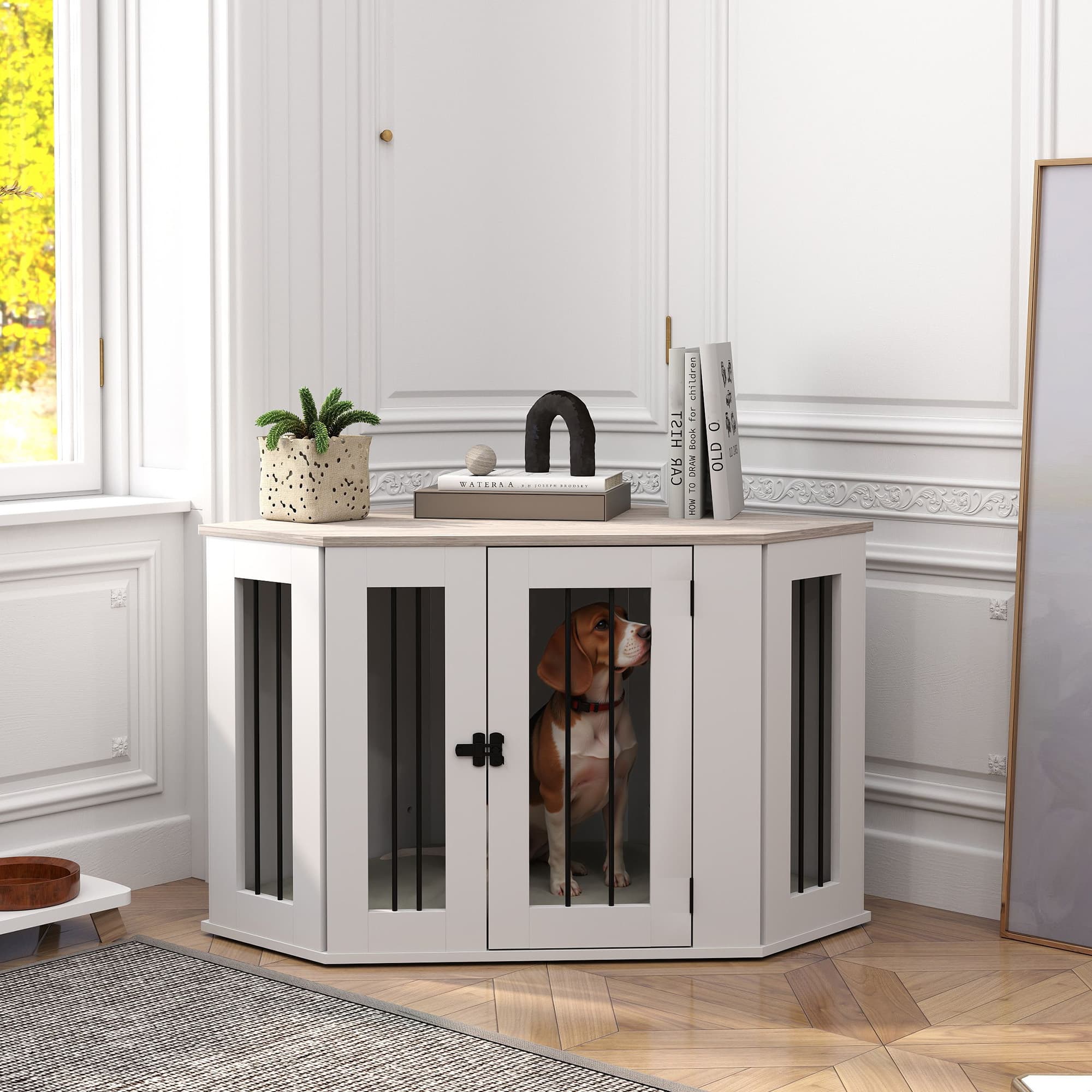 PawHut Luxury Dog Crate End Table with Cushion 41 Inch Corner Design for Medium Dogs Multi Colour | Aosom Canada