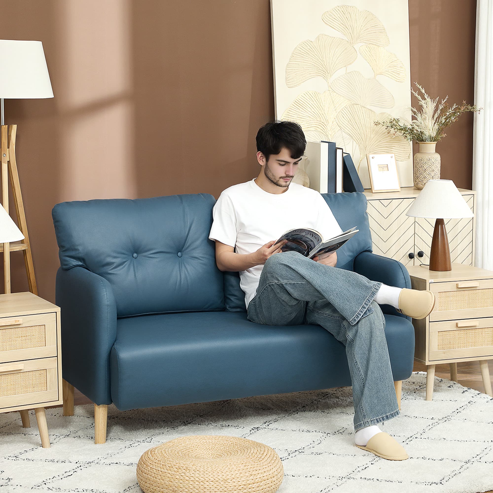 HOMCOM 58" 2 Seat Sofa, Modern Love Seats Furniture, Upholstered 2 Seater Couch, Solid Wood Frame, Navy Blue | Aosom Canada